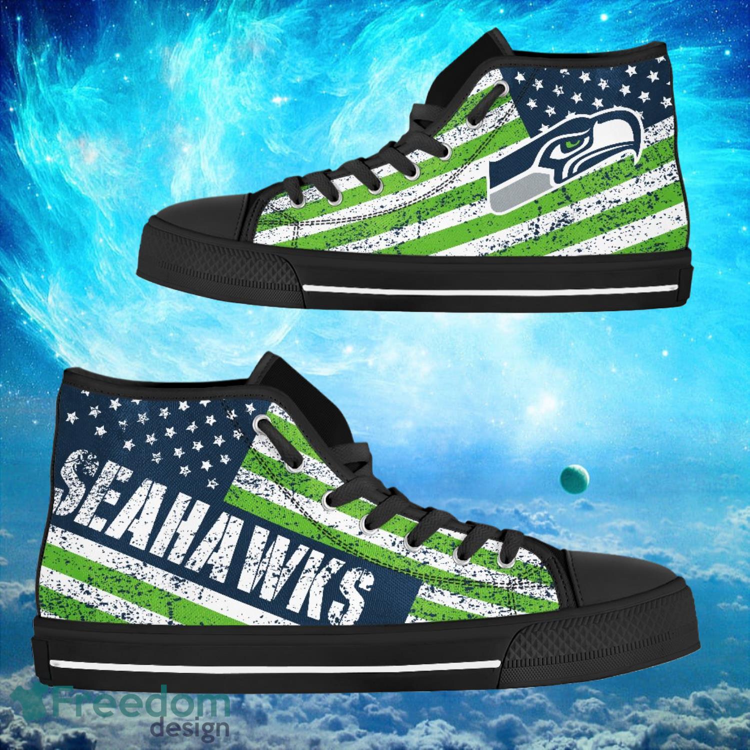 Seattle Seahawks Custom America Flag Italic Vintage Style High Top Shoes Product Photo 1