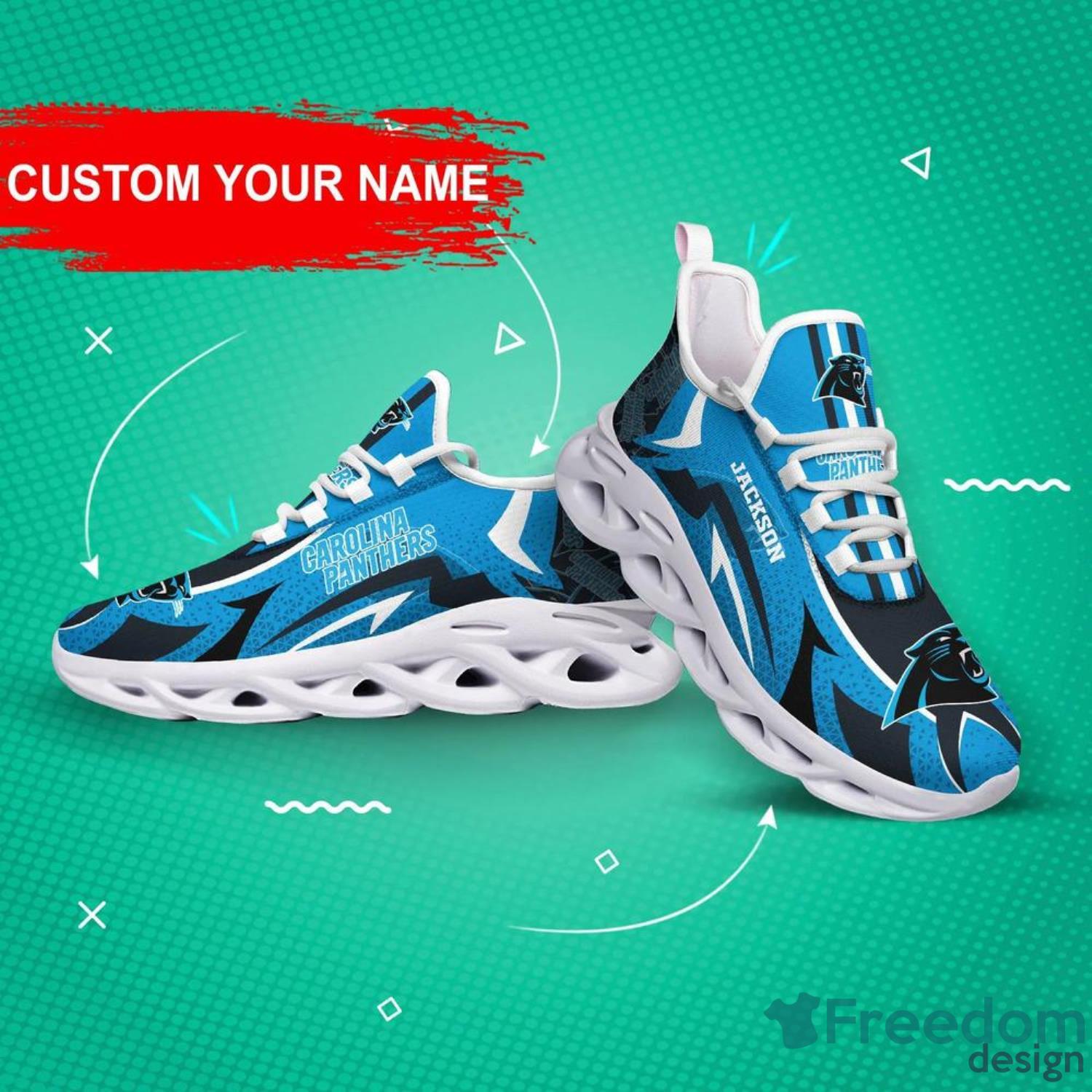 Custom Name Carolina Panthers Running Sneakers Striped Style Max Soul Shoes  For Fans - Banantees