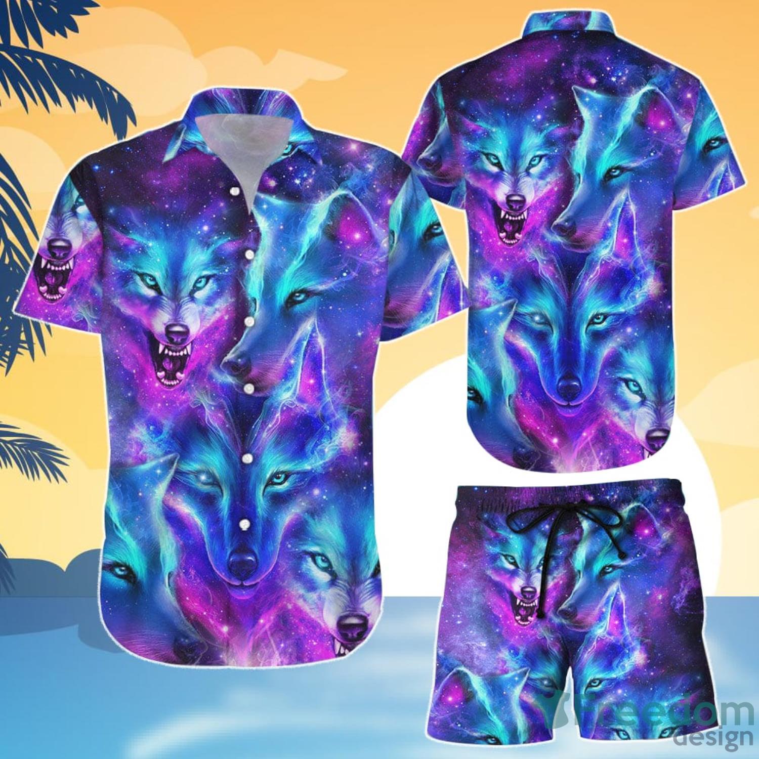 Galaxy Wolf Shirt Acrylic Oil Painting Wolves Hawaiian Shirt And Short Product Photo 1 Galaxy Wolf Shirt Acrylic Oil Painting Wolves Hawaiian Shirt And Short Product Photo 1