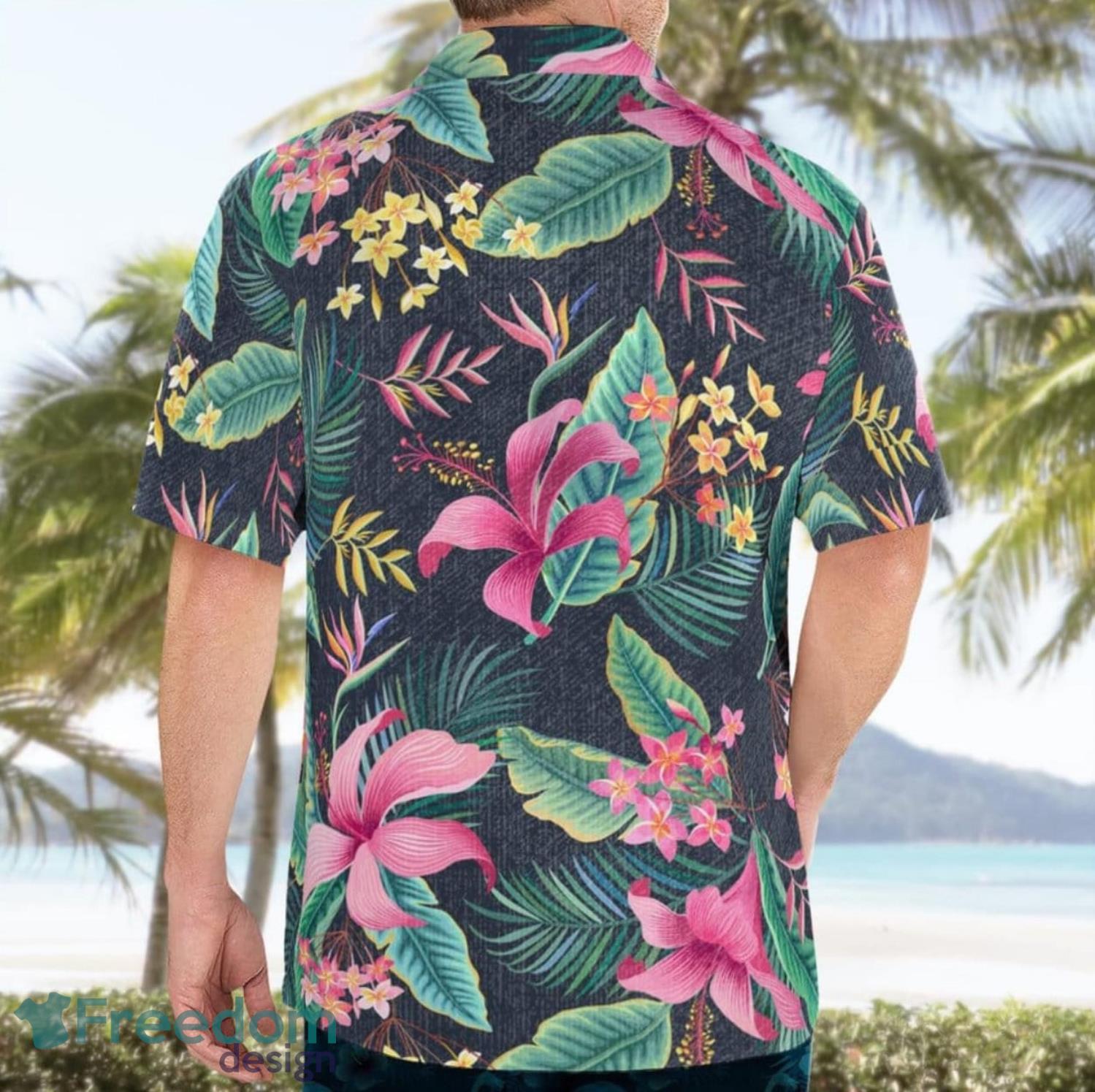 Womens Blue Hawaiian Shirt with Plumeria