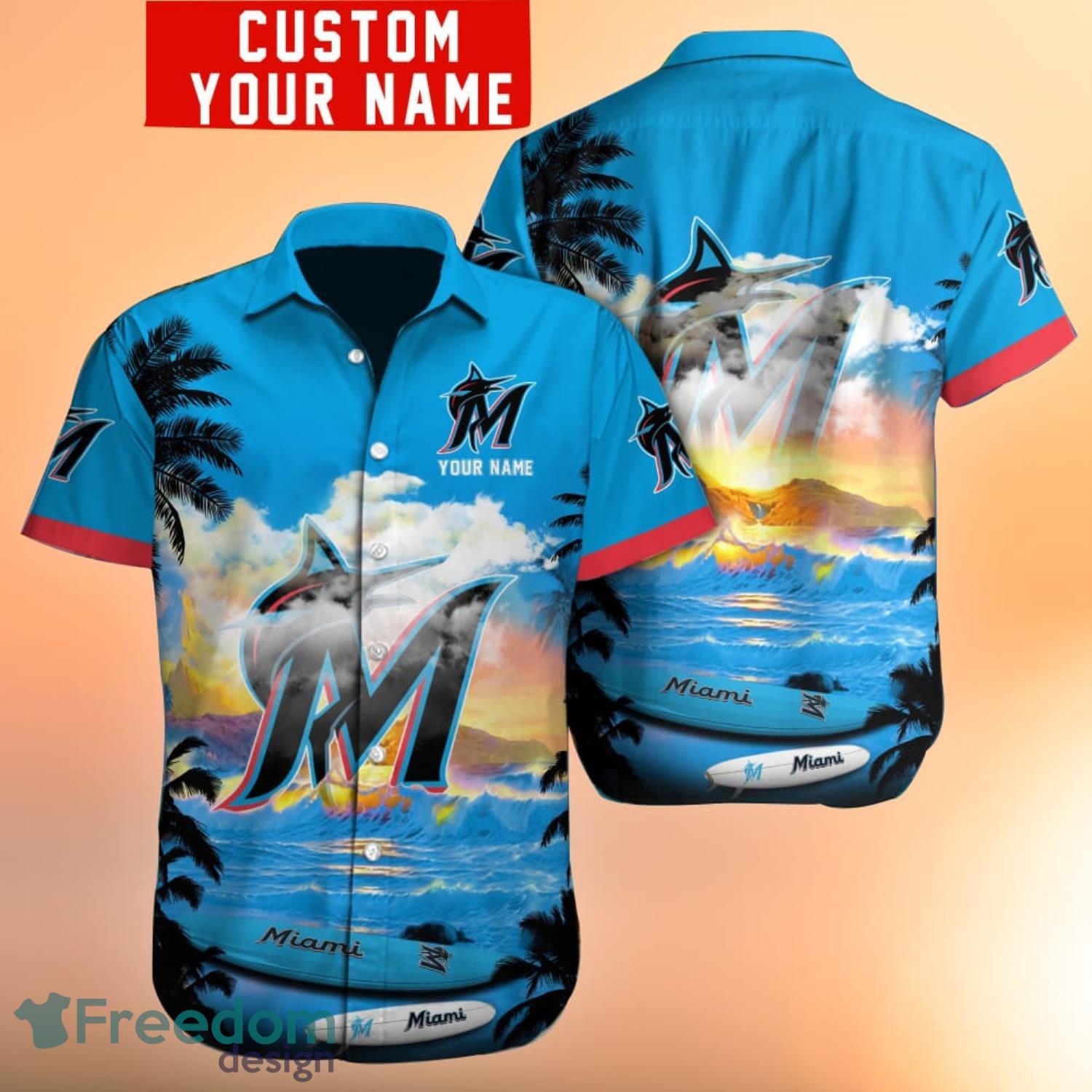 Customized Miami Marlins Black with Blue Red Team Name Hawaiian Shirt