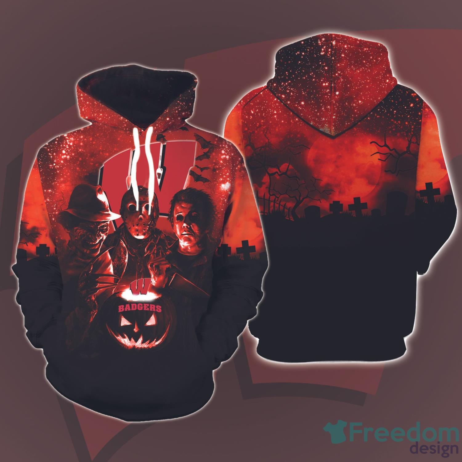 Wisconsin Badgers Michael Myers Jason Voorhees Freddy Krueger Halloween Gift 3D Hoodie Product Photo 1
