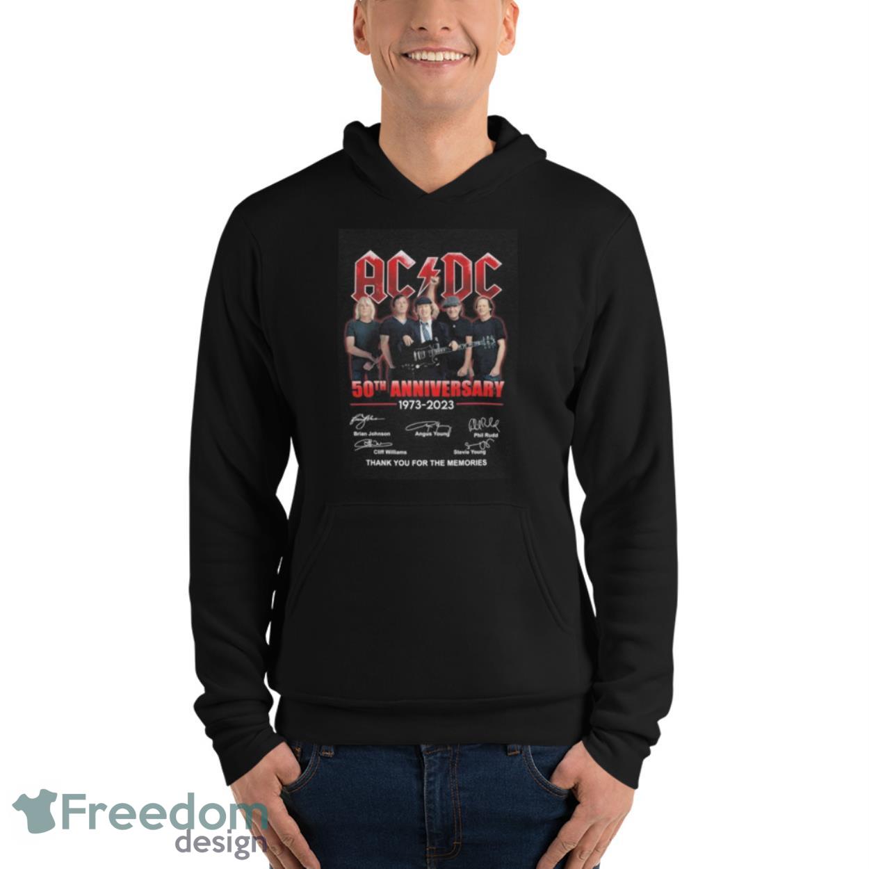 Band Rock AC DC 50th anniversary 1973 2023 thank you for the memories signatures shirt image Band Rock AC DC 50th anniversary 1973 2023 thank you for the memories signatures shirt - Unisex Fleece Pullover Hoodie
