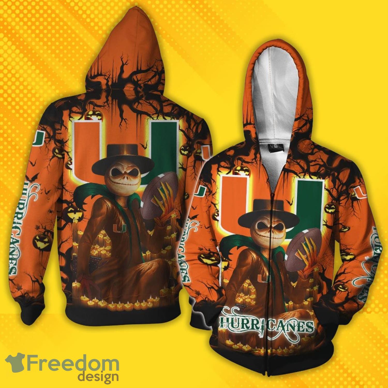 NCAA Miami Hurricanes Jack Skellington Halloween 3D All Over Printed Shirts Product Photo 2 NCAA Miami Hurricanes Jack Skellington Halloween 3D All Over Printed Shirts Product Photo 2