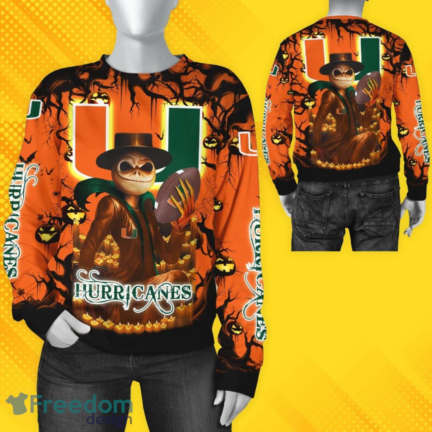NCAA Miami Hurricanes Jack Skellington Halloween 3D All Over Printed Shirts image NCAA Miami Hurricanes Jack Skellington Halloween 3D All Over Printed Shirts Product Photo 3