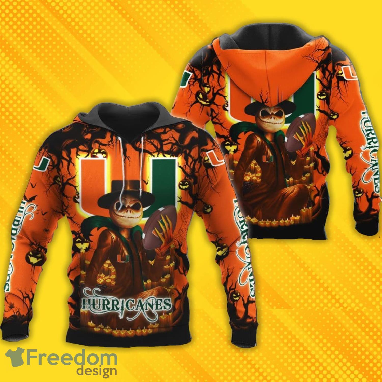 NCAA Miami Hurricanes Jack Skellington Halloween 3D All Over Printed Shirts Product Photo 1 NCAA Miami Hurricanes Jack Skellington Halloween 3D All Over Printed Shirts Product Photo 1