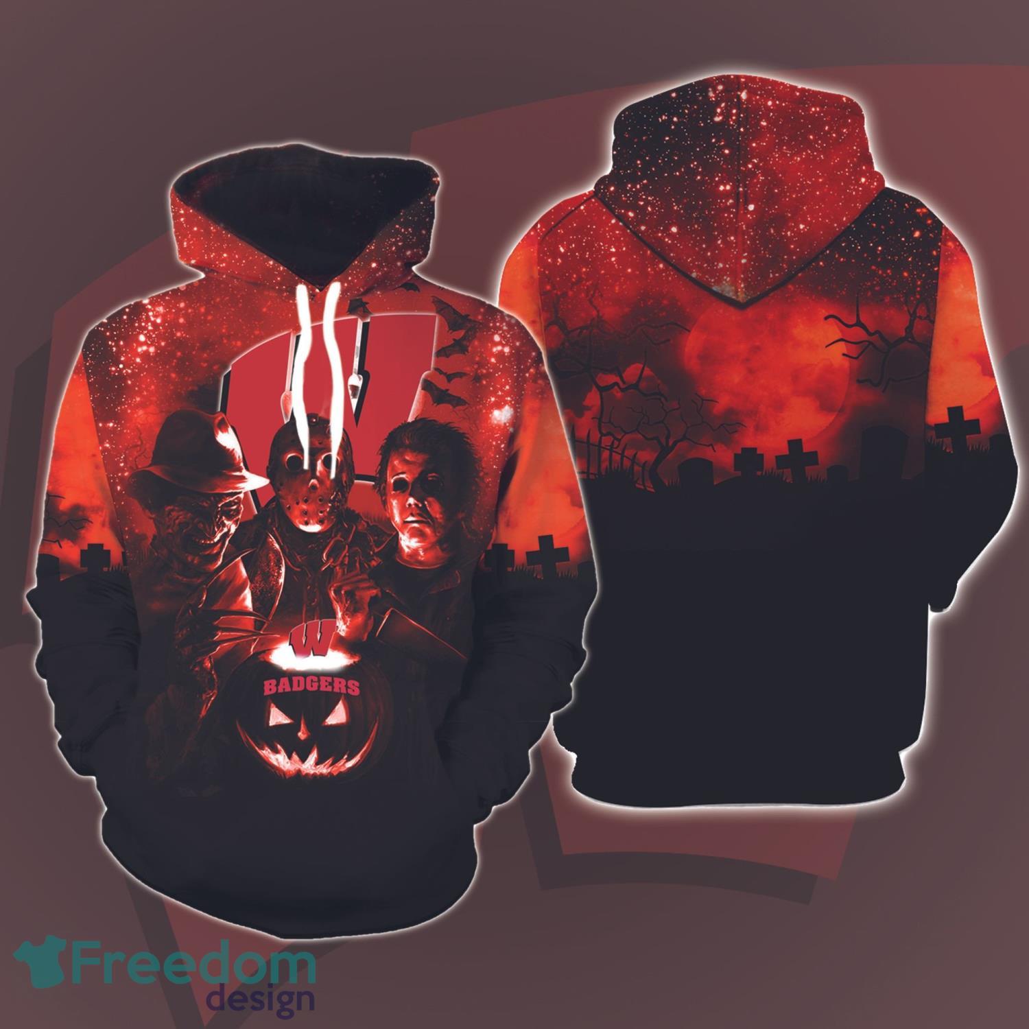 Wisconsin Badgers Halloween Michael Myers Jason Voorhees Freddy Krueger 3D Printed Hoodie Product Photo 1