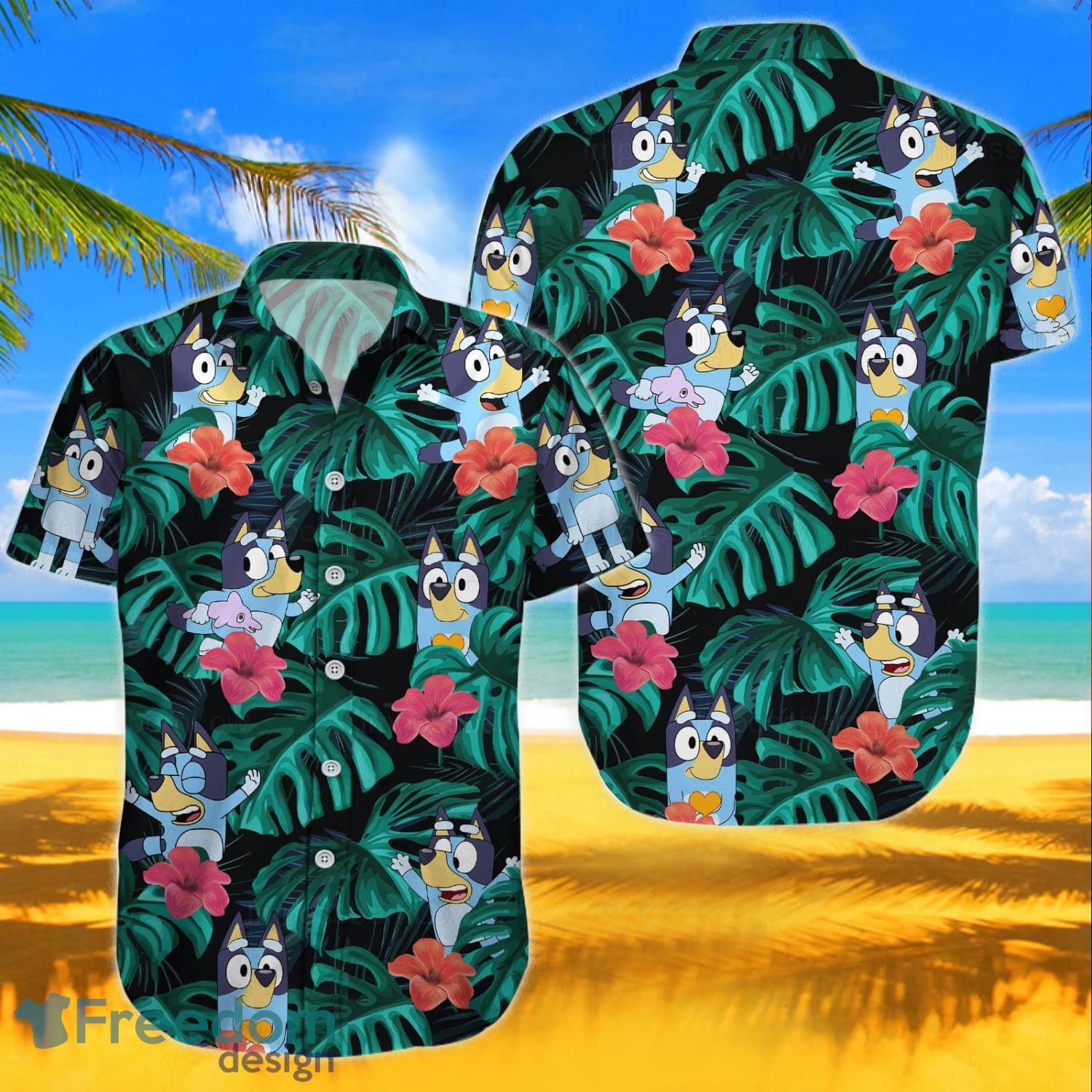 Cheap Green Tropical Beach Bluey Hawaiian Shirt, Bluey T Shirt For