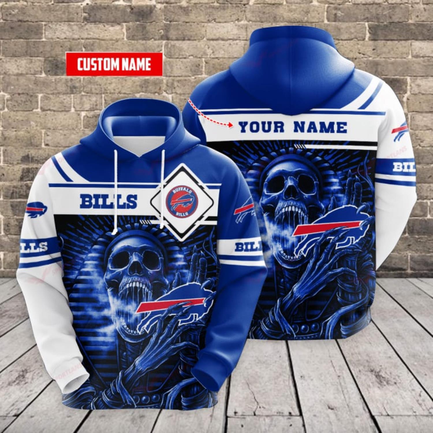 Custom Name Buffalo Bills Skull Print 3D Hoodie Halloween Gift For