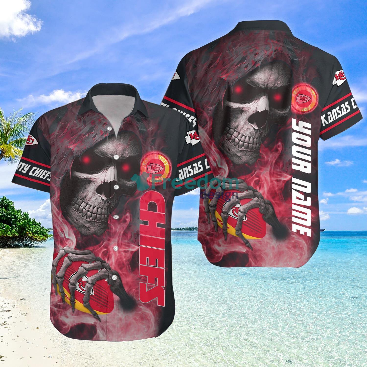 Kansas City Chiefs NFL Halloween Skull Tropical Team Spirit Hawaiian Shirt  Custom Name - Banantees