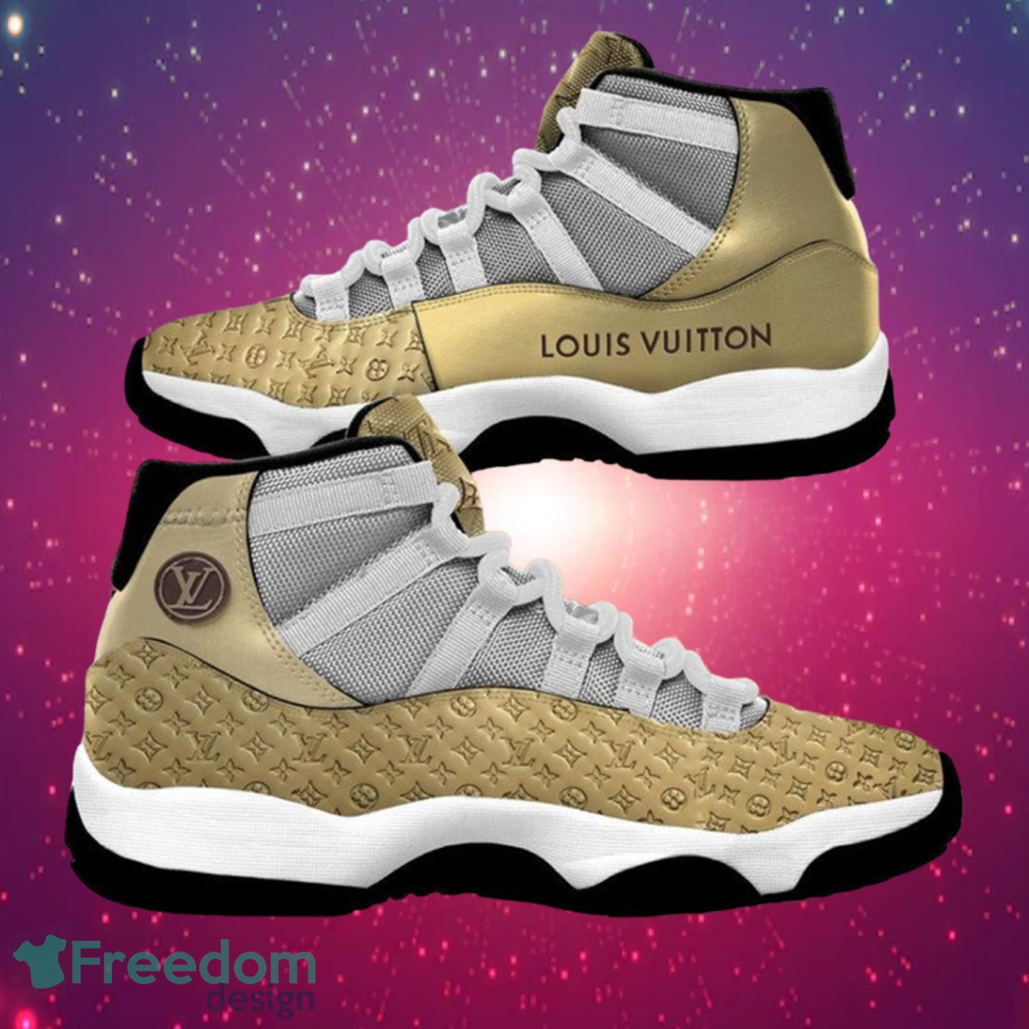 Louis Vuitton Gold Logo Pattern Air Jordan 13 Sneaker Shoes - Freedomdesign
