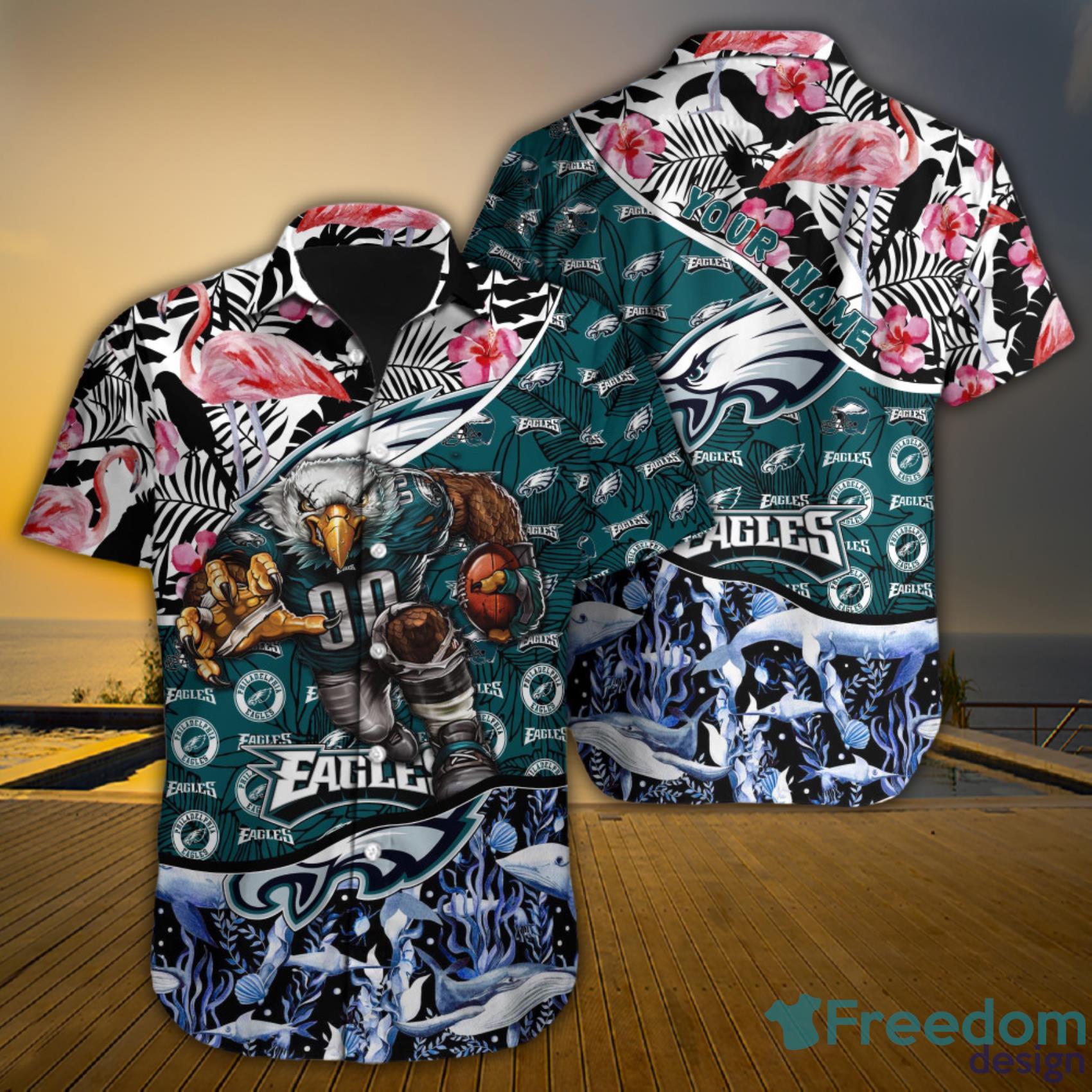 Philadelphia Eagles NFL Custom Name Flamigo Ocean Fishes Tropical Aloha Hawaiian Shirt Product Photo 1