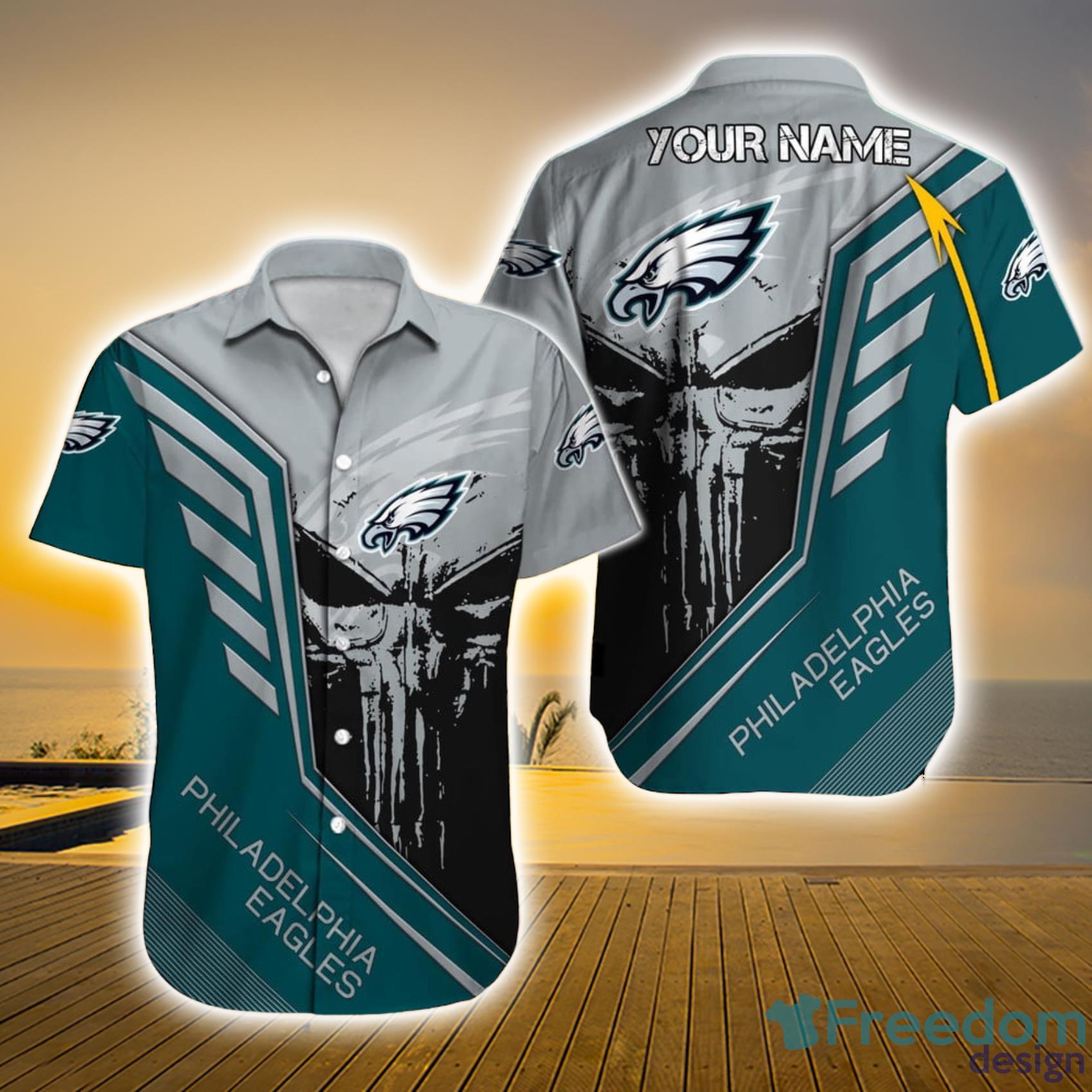 Philadelphia Eagles NFL Custom Name Skull Black Green Short Sleeve Hawaiian Shirt Product Photo 1