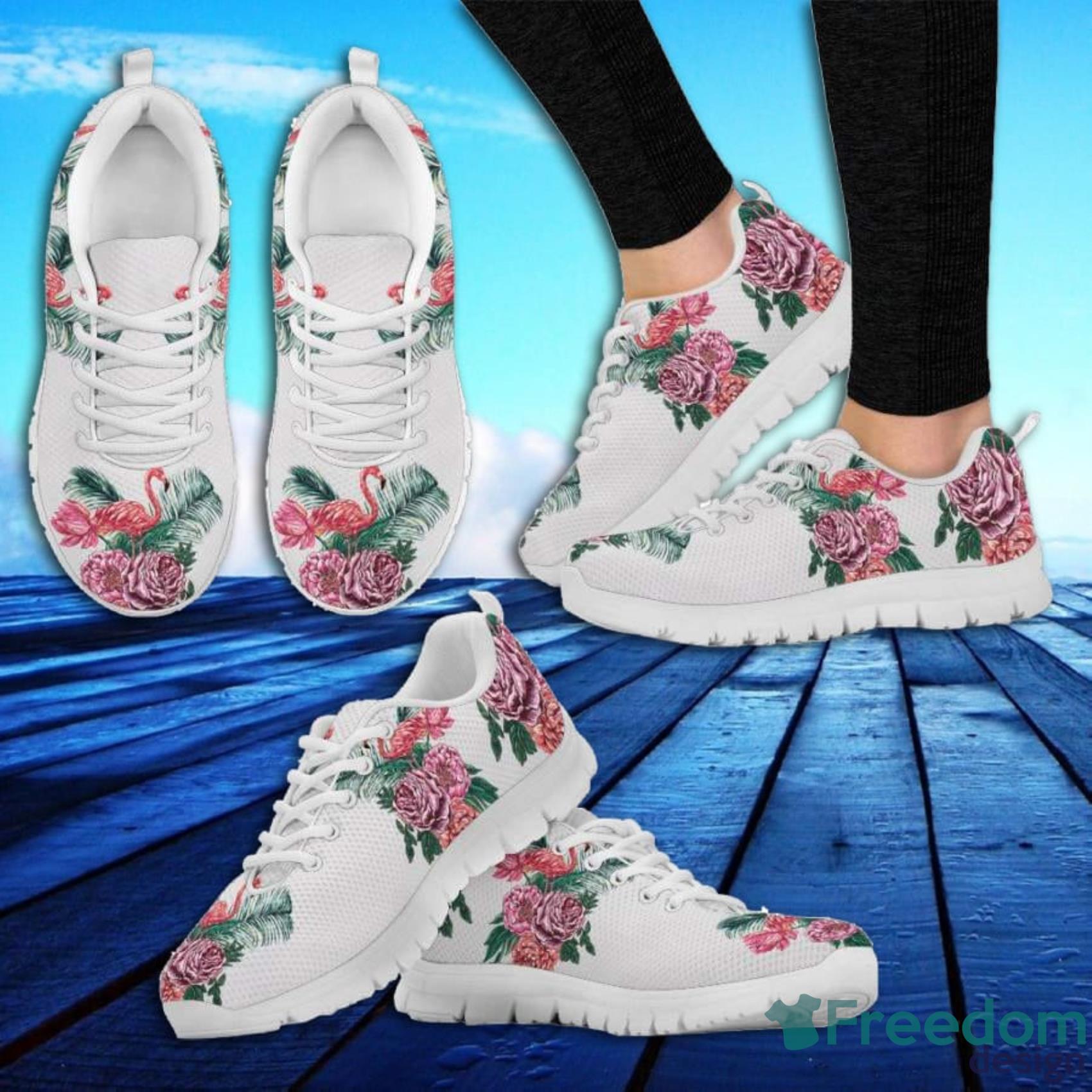 Rose Flowers Flamingo White Sneakers Shoes For Men And Women Product Photo 1