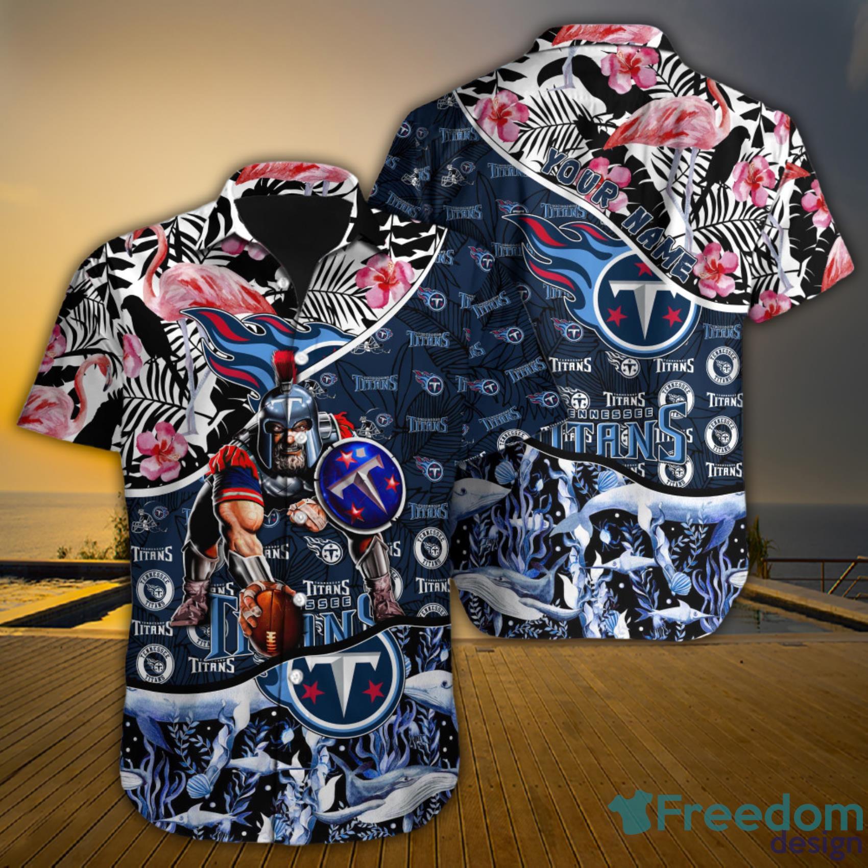 Tennessee Titans NFL Custom Name Flamigo Ocean Fishes Tropical Aloha Hawaiian Shirt Product Photo 1