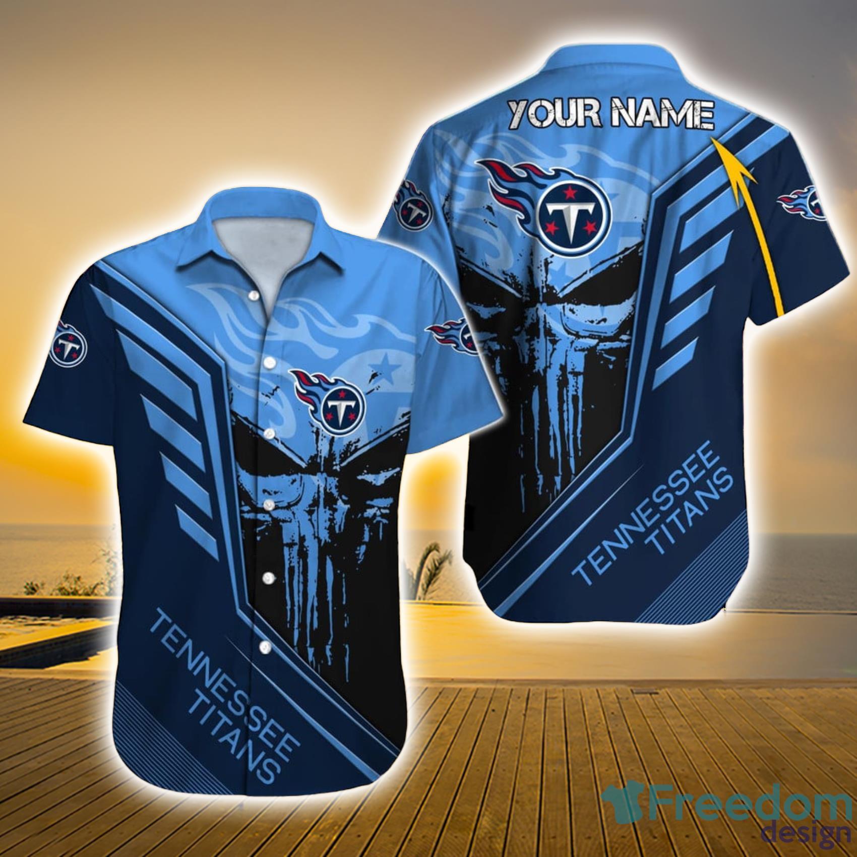 Tennessee Titans NFL Custom Name Skull Black Blue Short Sleeve Hawaiian Shirt Product Photo 1