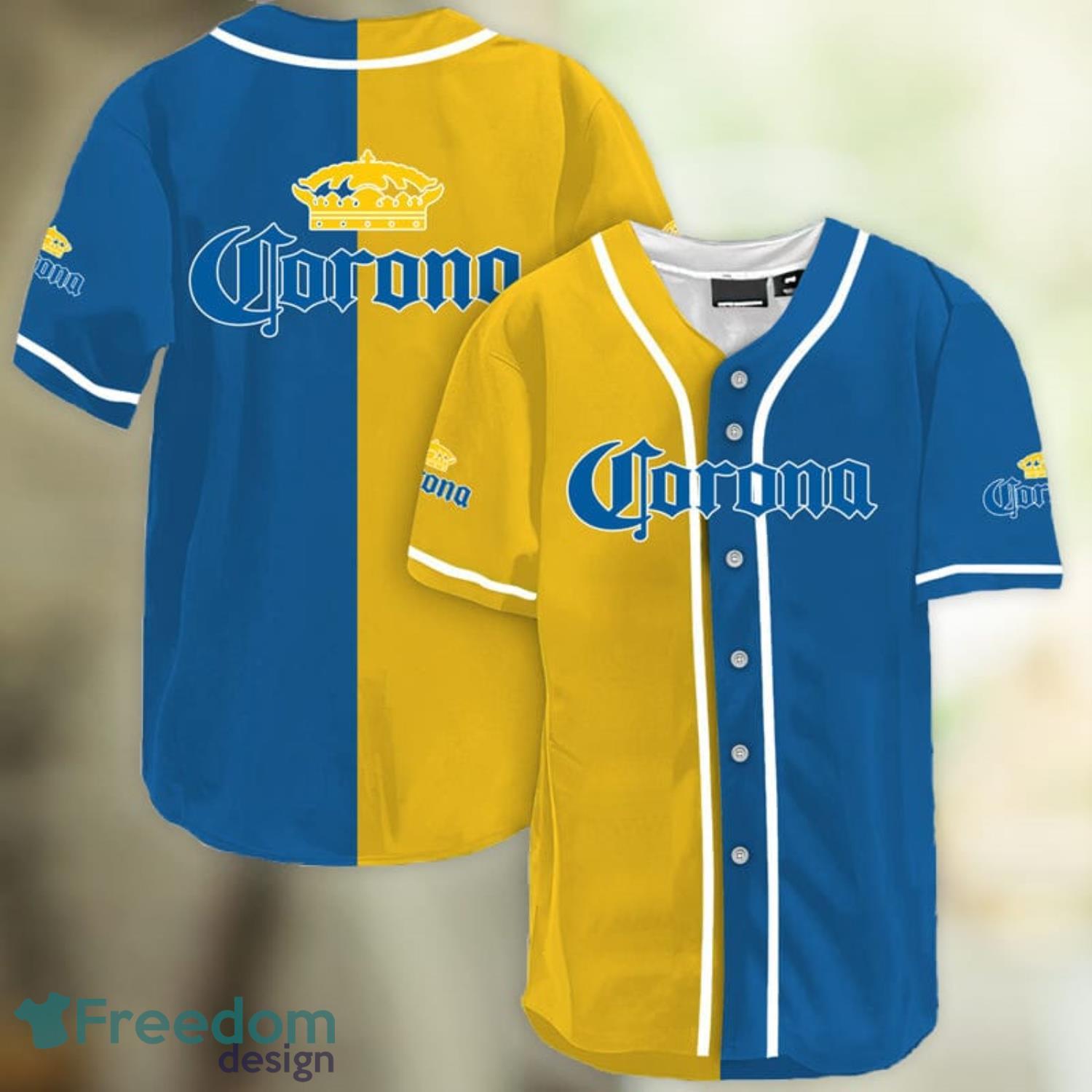 Yellow And Blue Split Corona Extra Baseball Jersey Shirt Summer Gift Product Photo 1