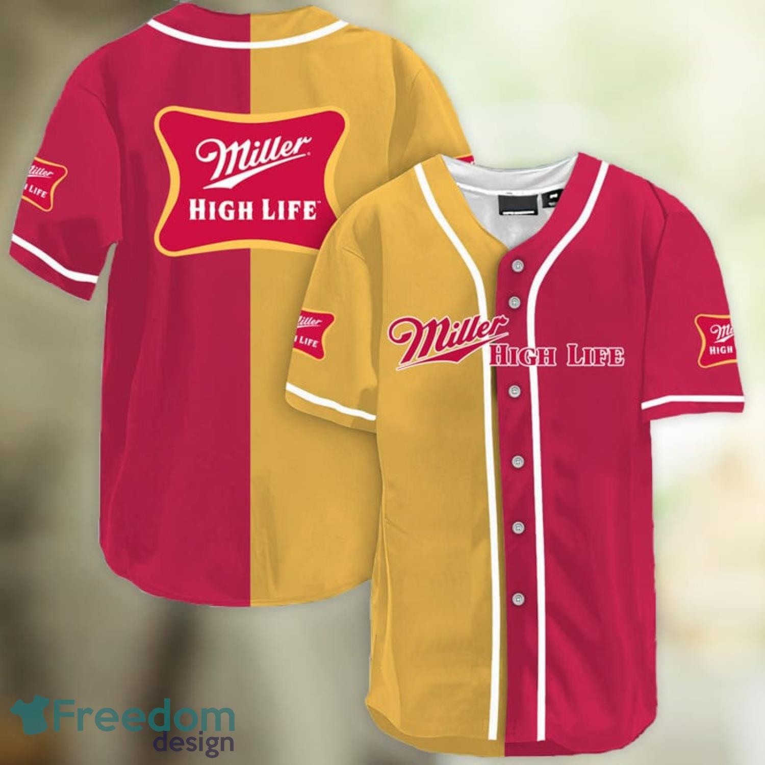 Yellow And Maroon Split Miller High Life Baseball Jersey Shirt Summer Gift Product Photo 1