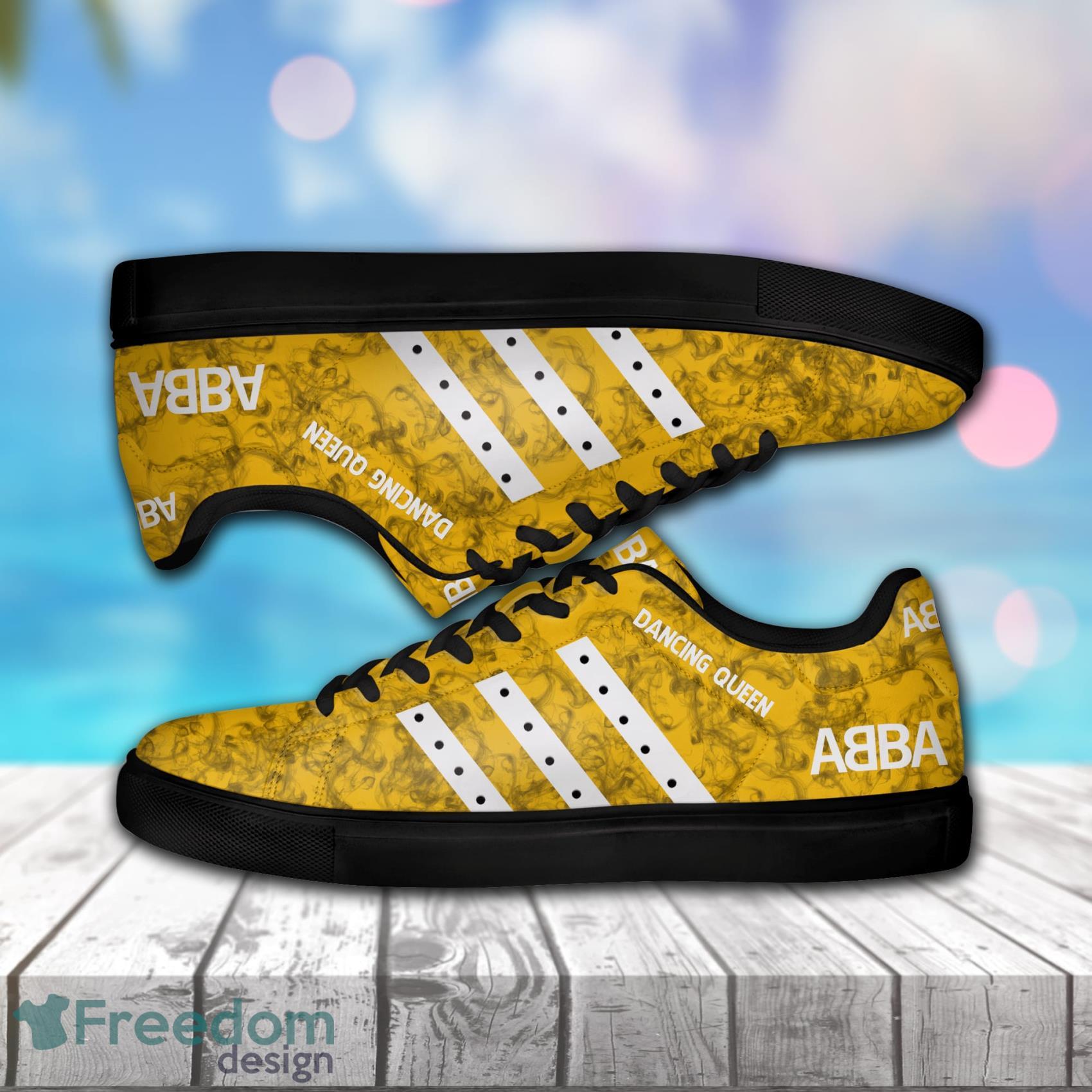 Abba Dancing Queen Smoke Pattern Blue Yellow Low Top Leather Skate Shoes For Men And Women Product Photo 1