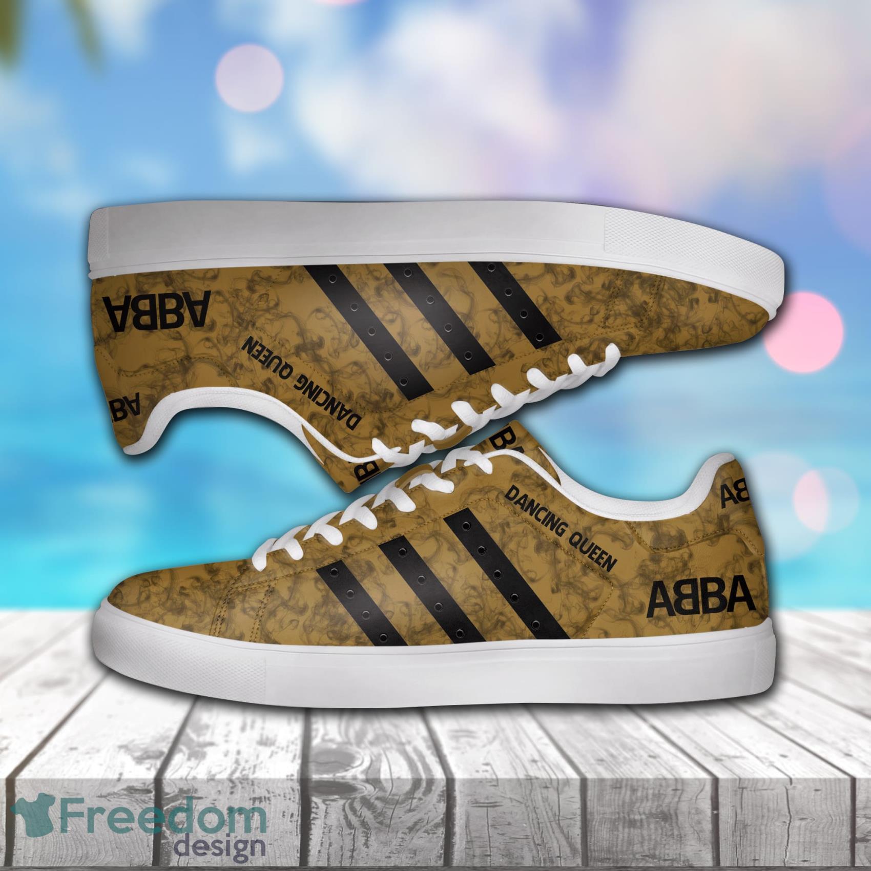 Abba Dancing Queen Smoke Pattern Dark Yellow Low Top Leather Skate Shoes For Men And Women Product Photo 1