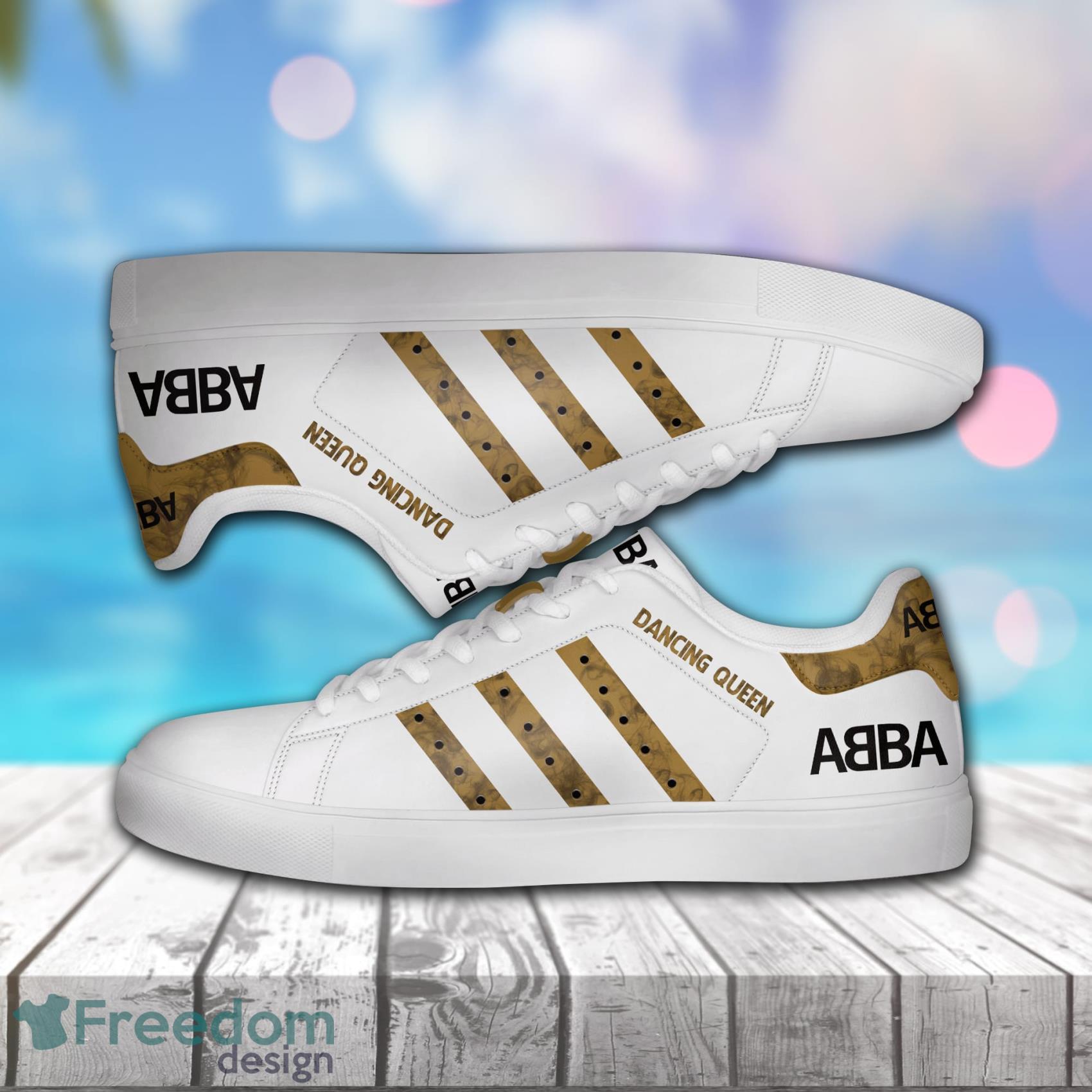 Abba Dancing Queen Smoke Pattern Line White Low Top Leather Skate Shoes For Men And Women Product Photo 1