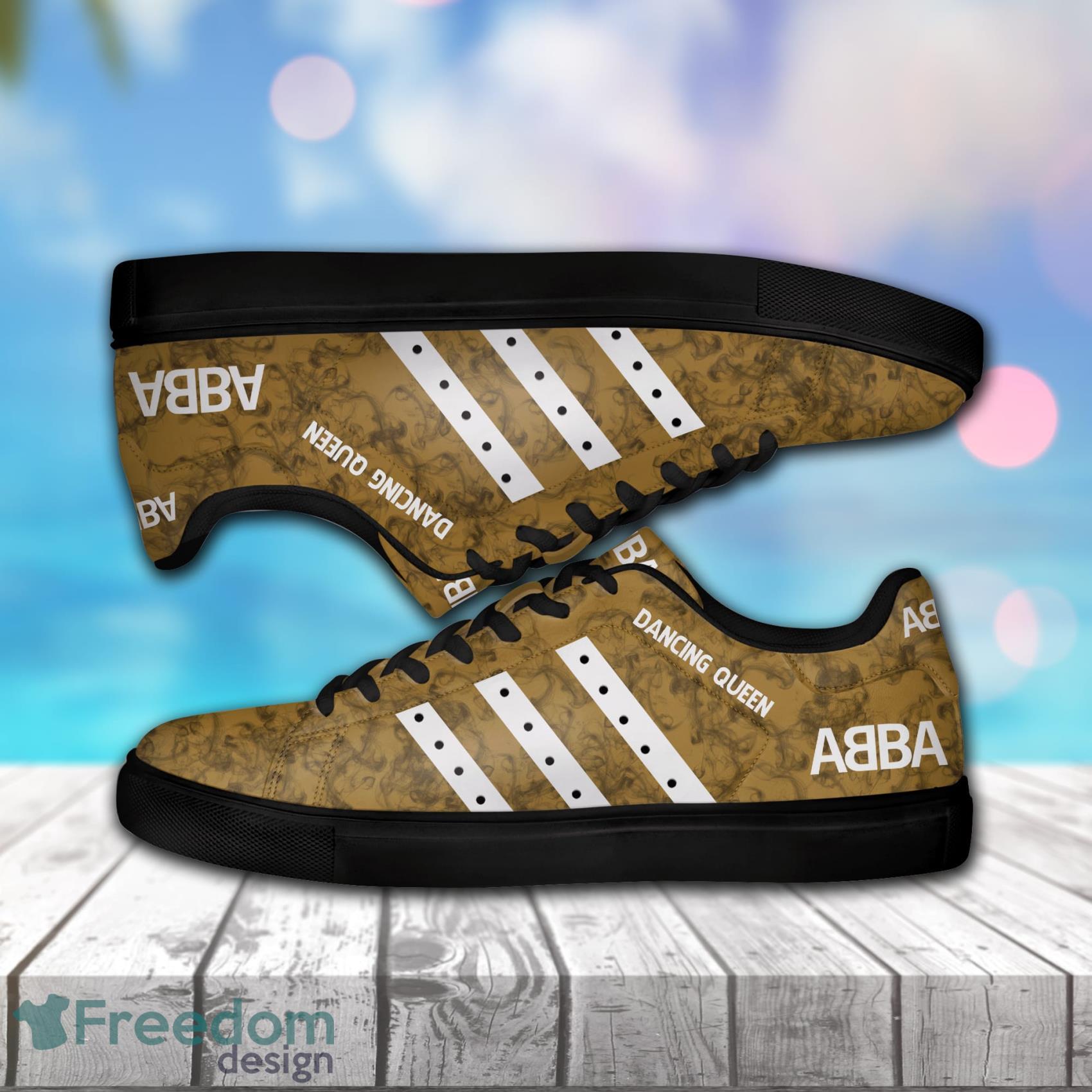 Abba Music Band, Abba Dancing Queen Smoking Pattern Low Top Leather Skate Shoes For Men And Women Dark Yellow Product Photo 1