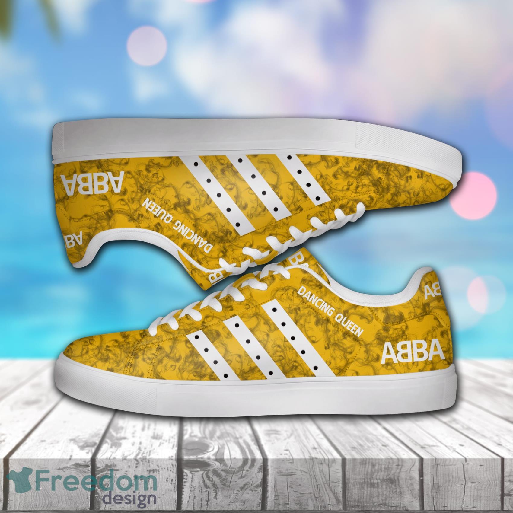 Abba Music Band, Abba Dancing Queen Smoking Pattern Low Top Leather Skate Shoes For Men And Women Yellow White Product Photo 1