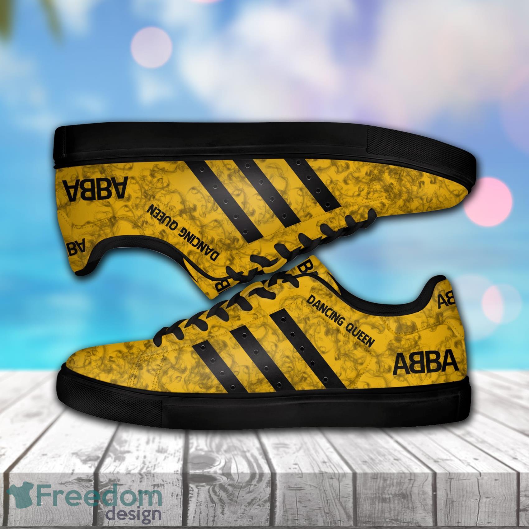 Abba Music Band, Abba Dancing Queen Smoking Pattern Low Top Leather Skate Shoes For Men And Women Yellow Product Photo 1