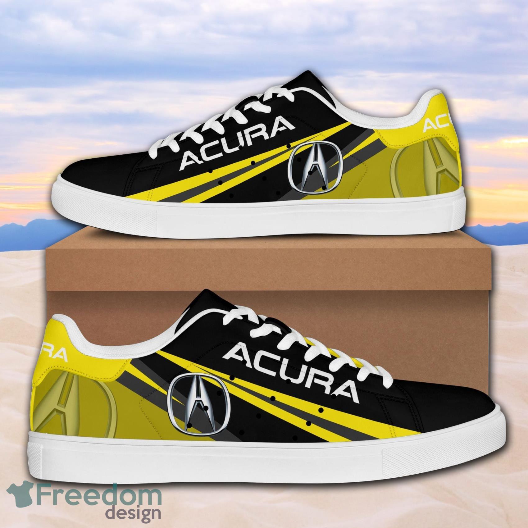 Acura Car Low Top Leather Skate Shoes For Men And Women Black Yellow Product Photo 1