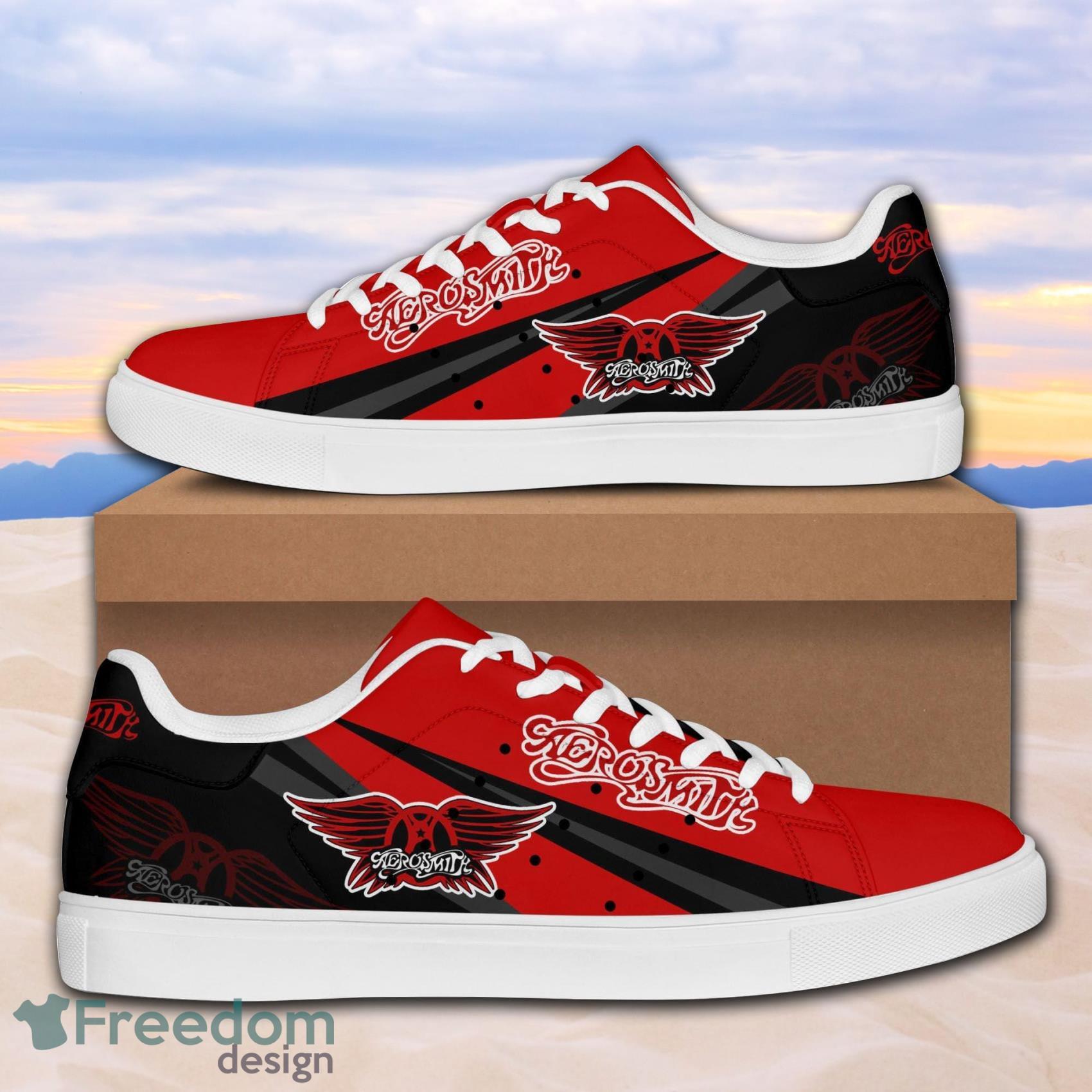 Aerosmith Rock Band Low Top Leather Skate Shoes For Men And Women Black Red Product Photo 1
