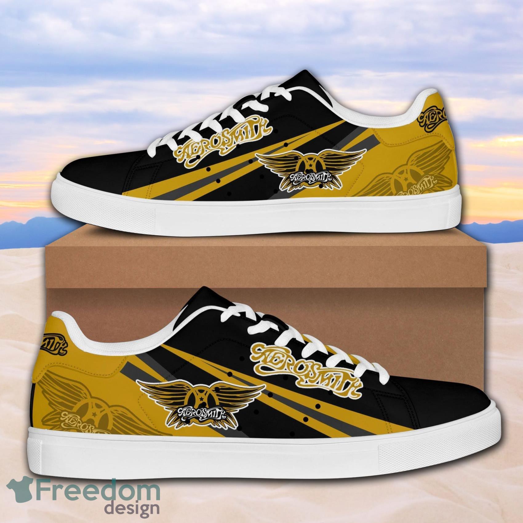 Aerosmith Rock Band Low Top Leather Skate Shoes For Men And Women Yellow Black Product Photo 1