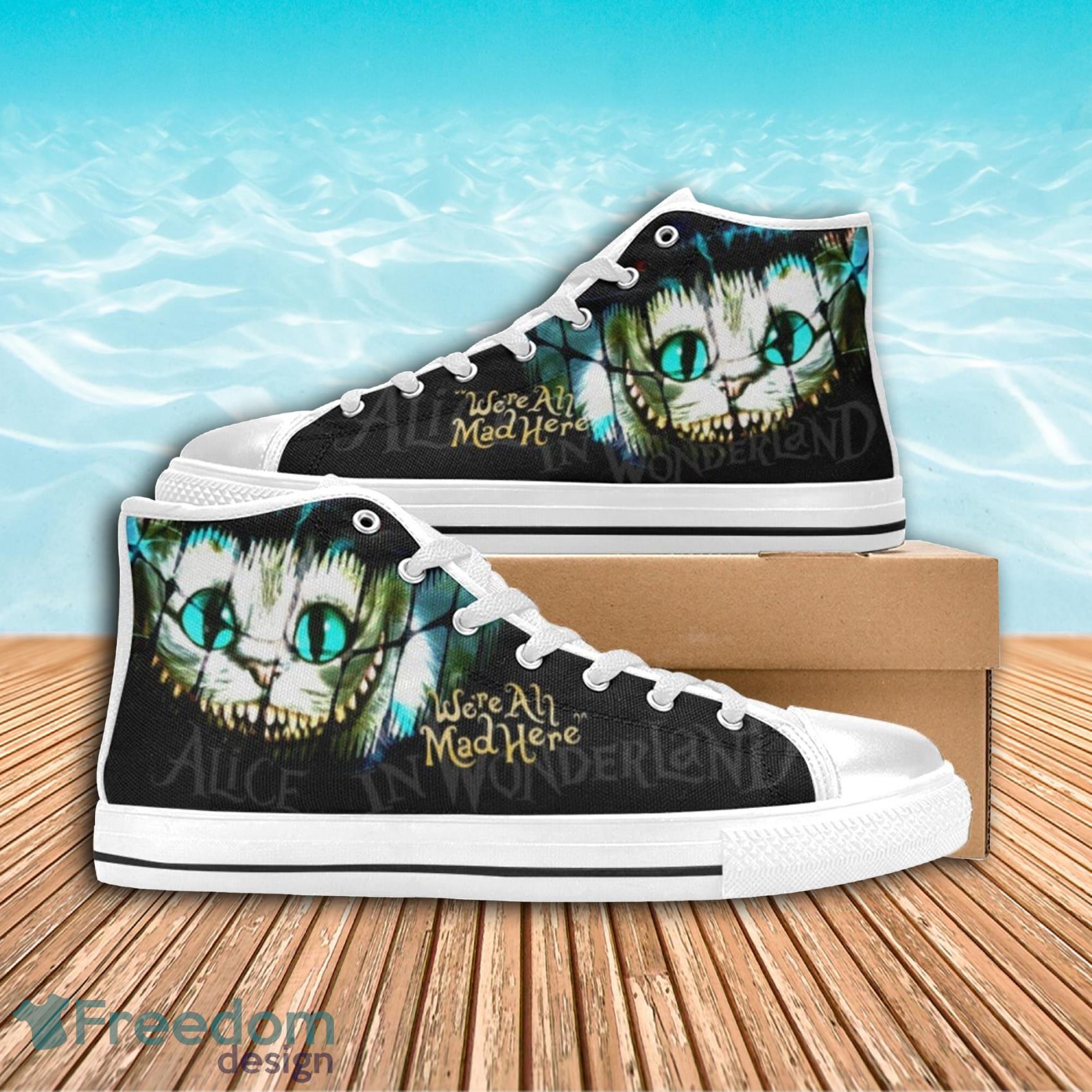 Custom Shoes Hand Painted not Printed High Top Converse Alice in Wonderland  Cheshire Cat Designs 2 full pieces of art painted just for you