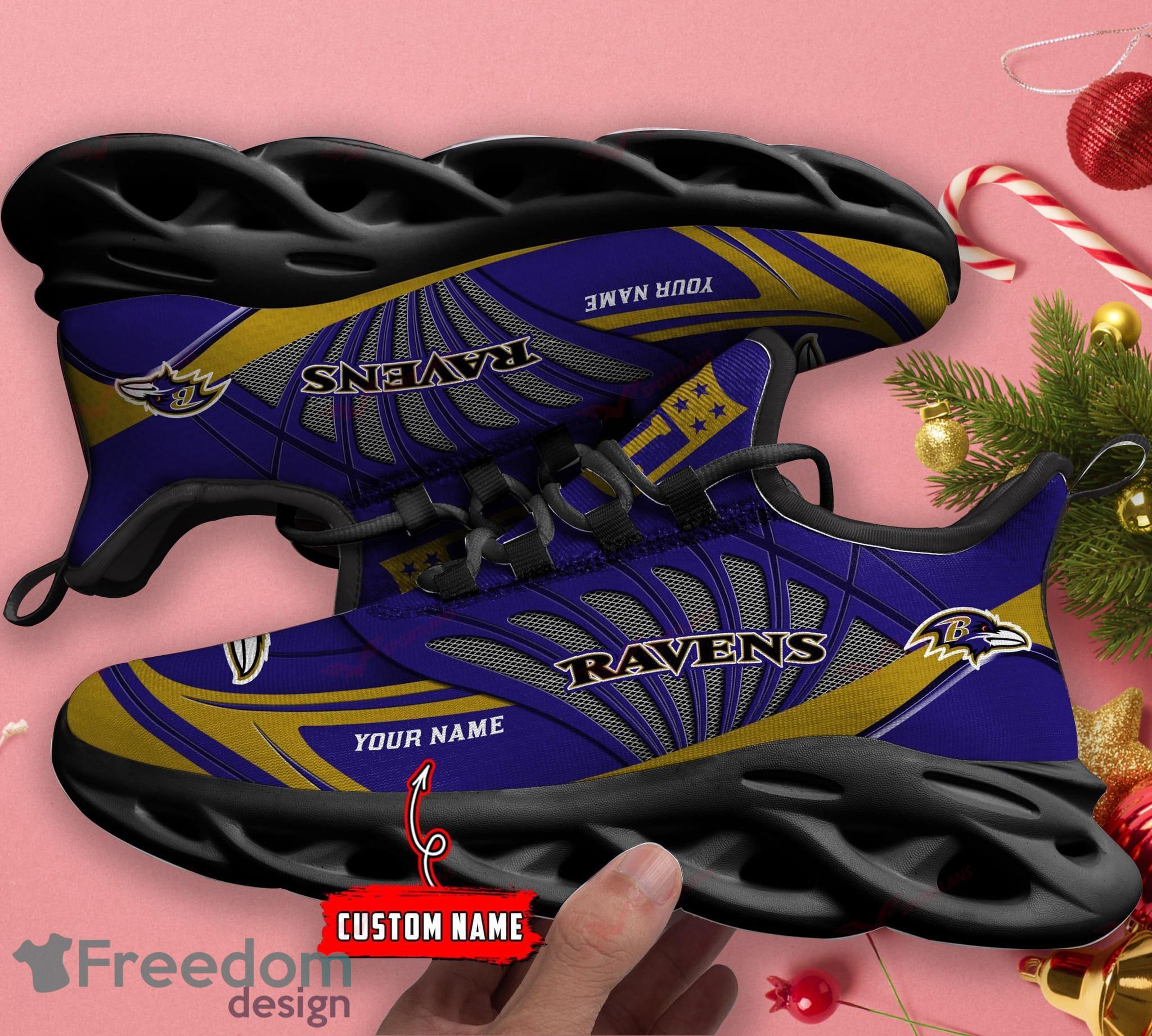 Personalized Name NFL Baltimore Ravens Flame Logo Max Soul Shoes Gift Fans  - Freedomdesign