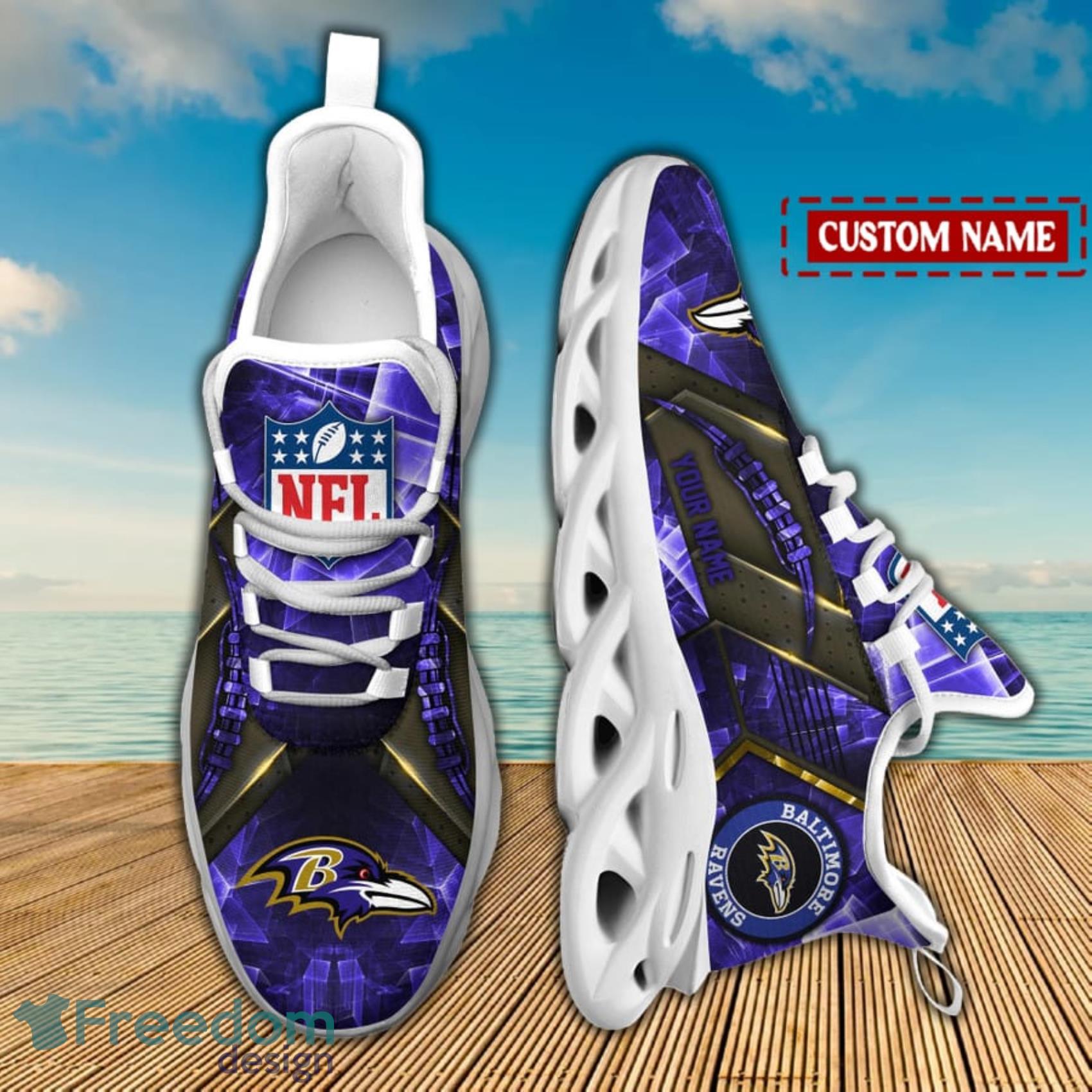 Personalized Name NFL Baltimore Ravens Flame Logo Max Soul Shoes Gift Fans  - Freedomdesign