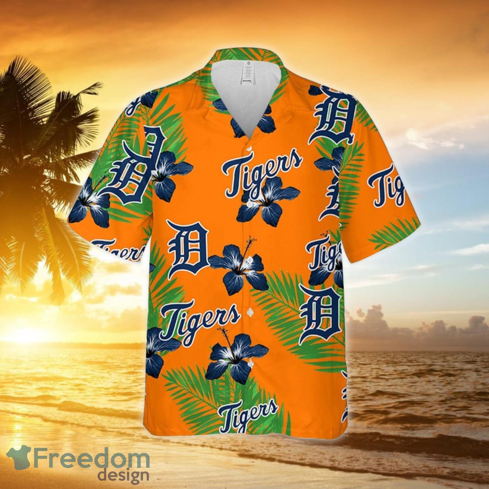 Detroit Tigers Logo And Red Pink White Hibiscus 3D Hawaiian Shirt