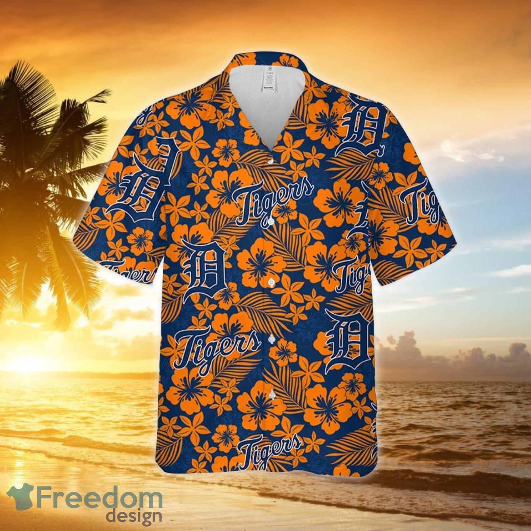Detroit Tigers Logo And Red Pink White Hibiscus 3D Hawaiian Shirt