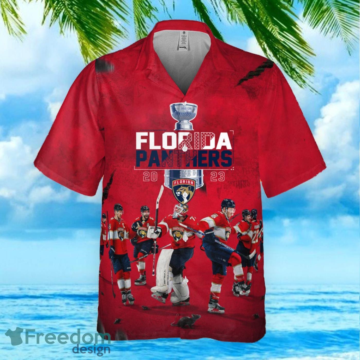 Florida Panthers National Hockey League Champions 2023 On Red Background 3D  Hawaiian Shirt - Freedomdesign