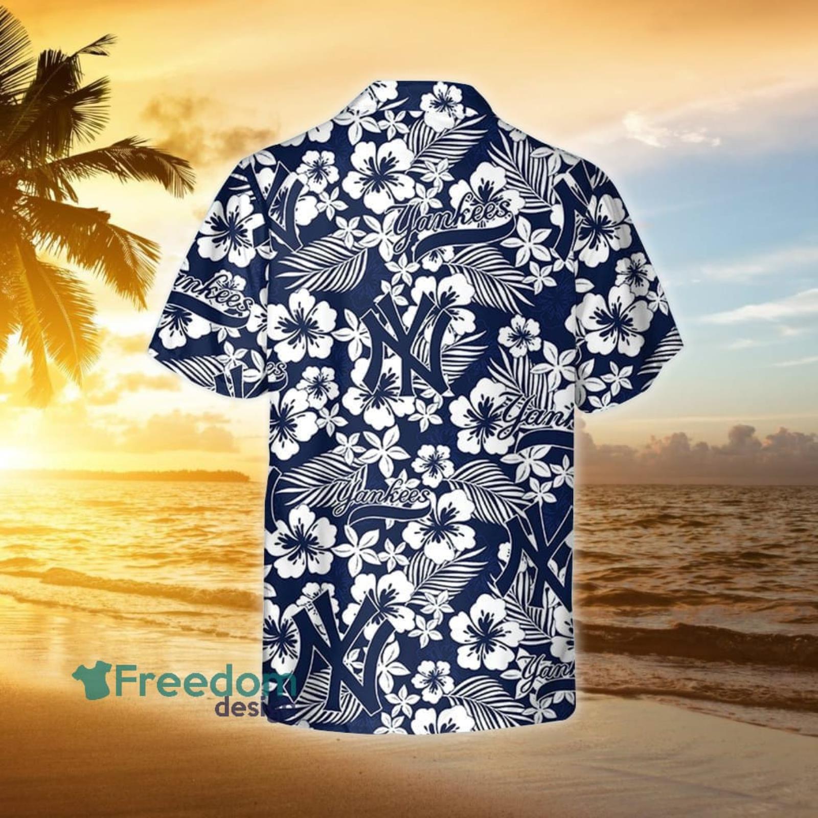 New York Yankees Yellow White Hibiscus Powder Blue Pattern 3D Hawaiian Shirt  Beach Gift - Freedomdesign