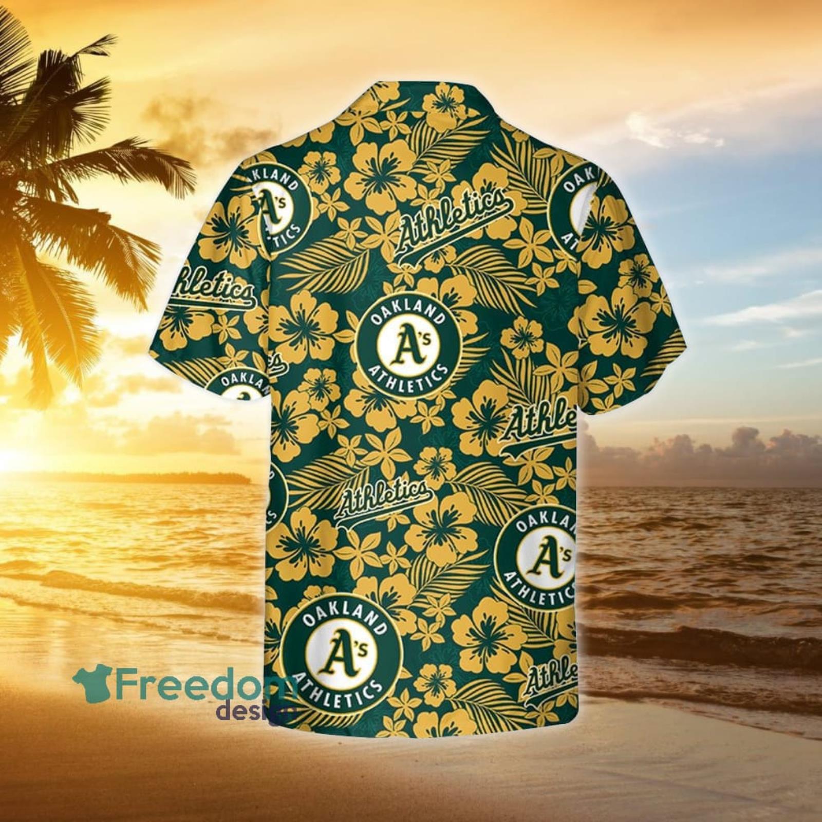 Oakland A's Hibiscus Seamless Pattern 3D All Over Print Hawaiian Shirt Gift For Athletics Fans image Oakland A's Hibiscus Seamless Pattern 3D All Over Print Hawaiian Shirt Gift For Athletics Fans