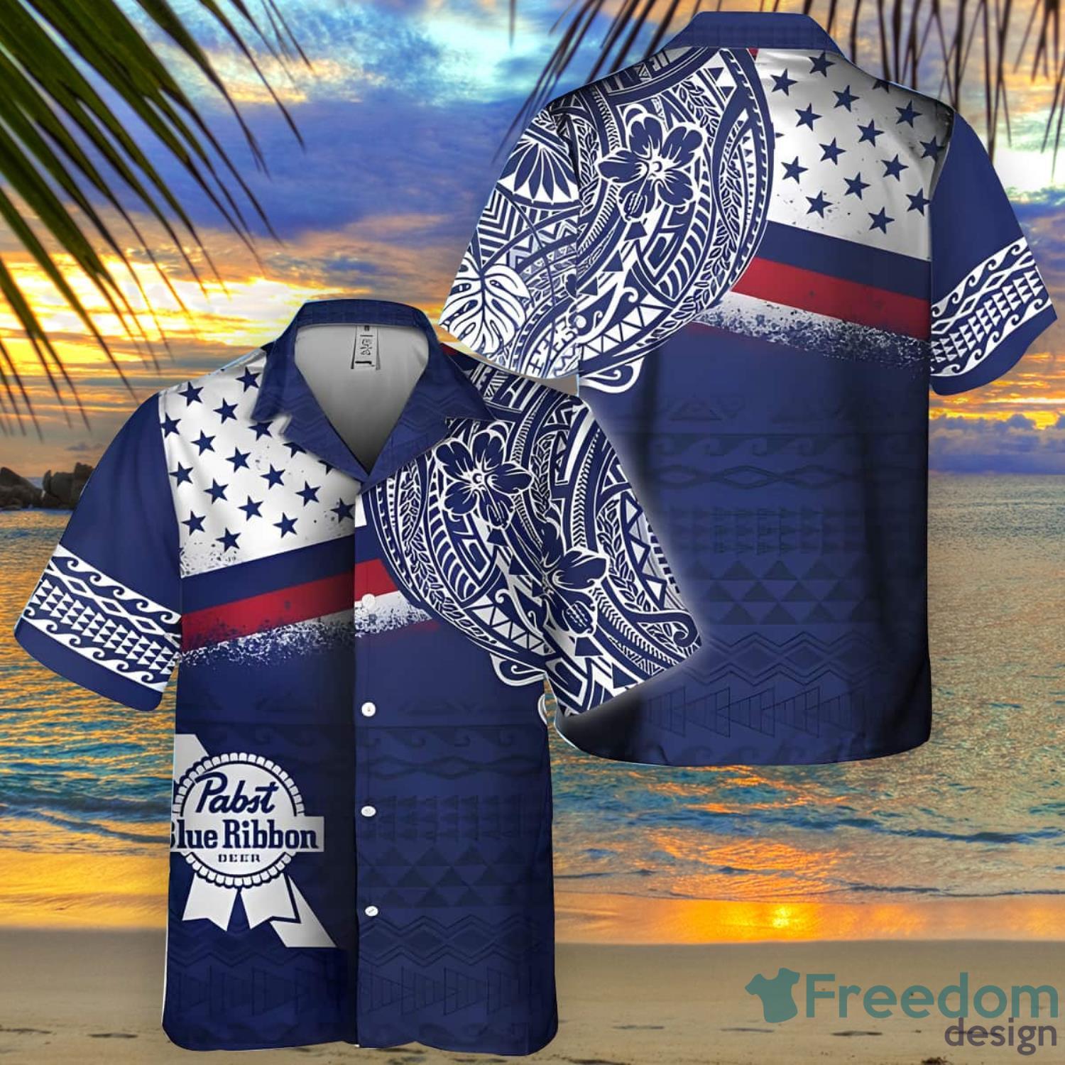 Pabst Blue Ribbon Polynesian Pattern Short Sleeve Hawaiian Shirt Product Photo 1 Pabst Blue Ribbon Polynesian Pattern Short Sleeve Hawaiian Shirt Product Photo 1