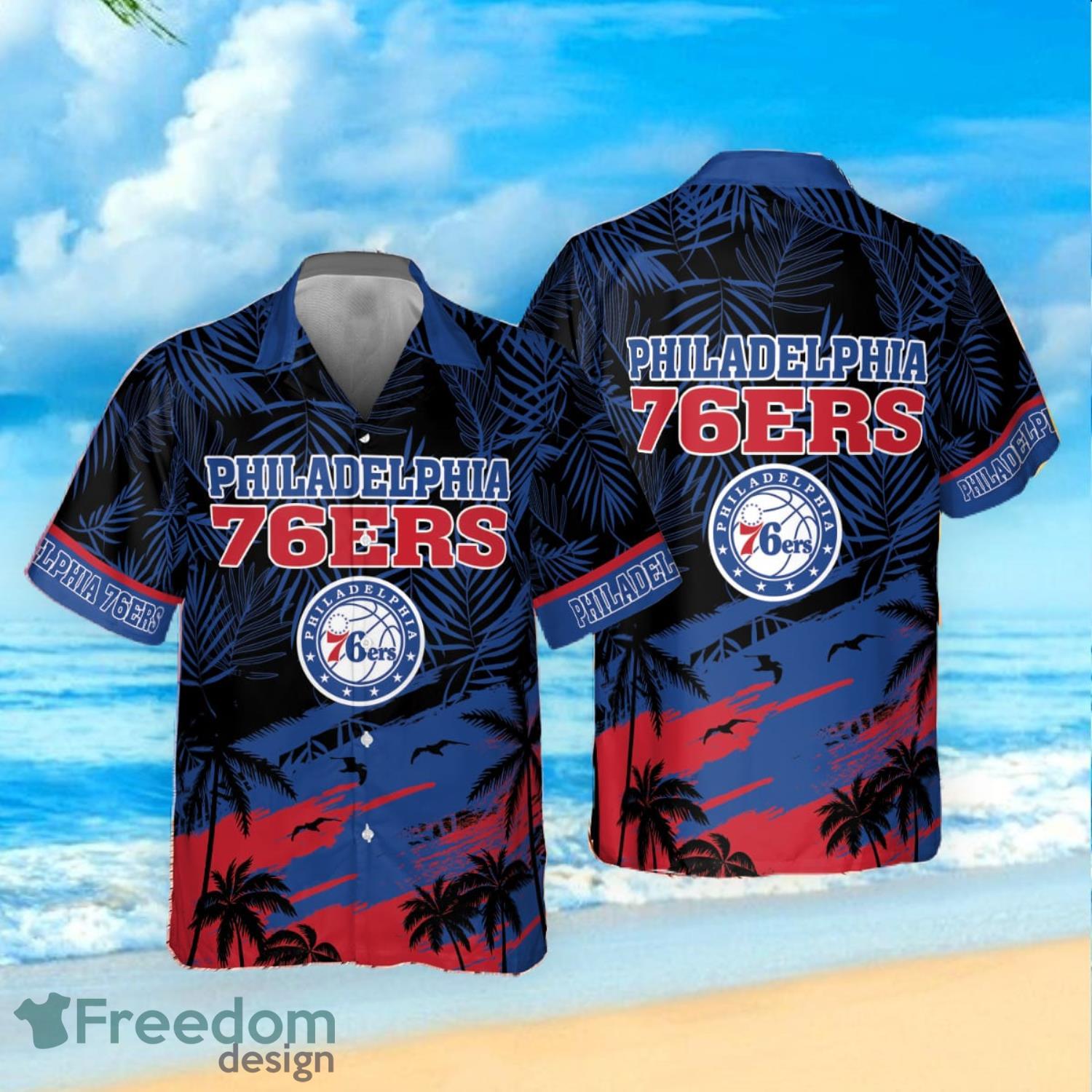 Philadelphia 76ers Blue Hibiscus Flower Black Background Print Aloha  Hawaiian Shirt - Freedomdesign