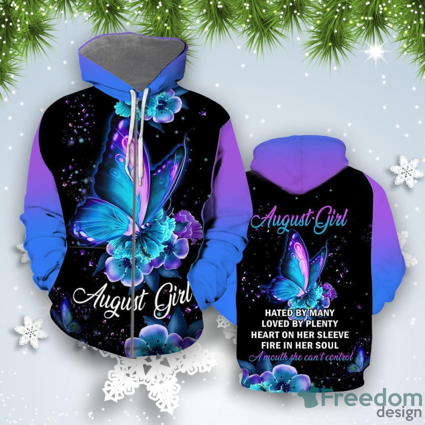 August Girl Butterfly Blue All Over Print 3D Hoodie Unique Gift Product Photo 2