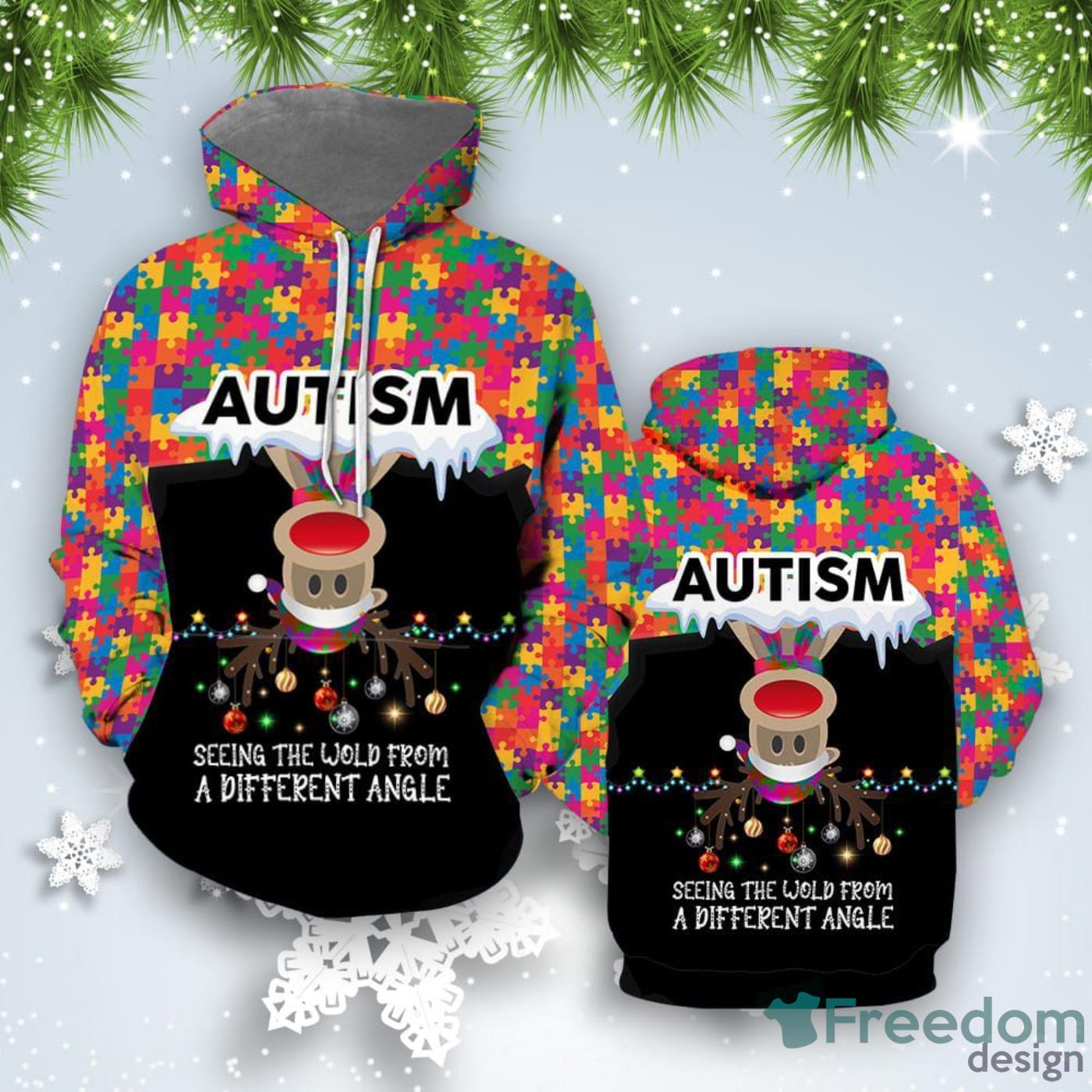 Autism Seeing The World From A Different Angle Reindeer Christmas All Over Print 3D Hoodie Unique Gift Product Photo 1