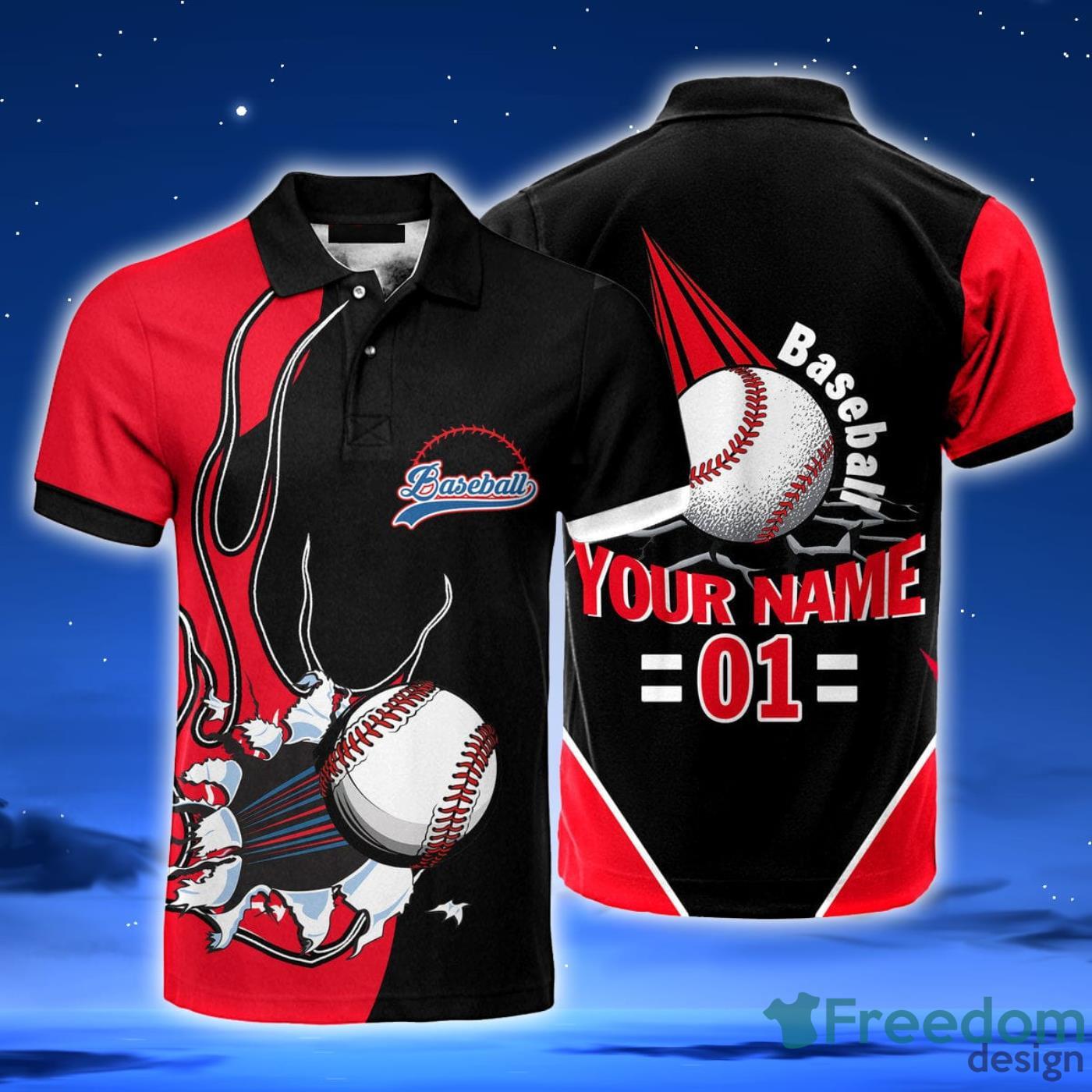 Baseball Gift For Baseball Players Baseball Ball Black Red Custom Name Cute  Gift Polo Shirt - Freedomdesign