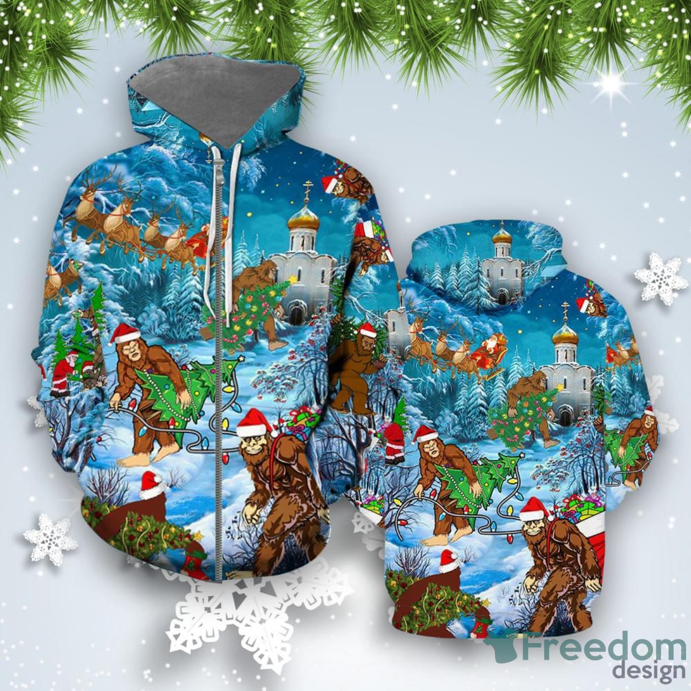 Bigfoot At Christmas All Over Print 3D Hoodie Unique Gift Product Photo 2