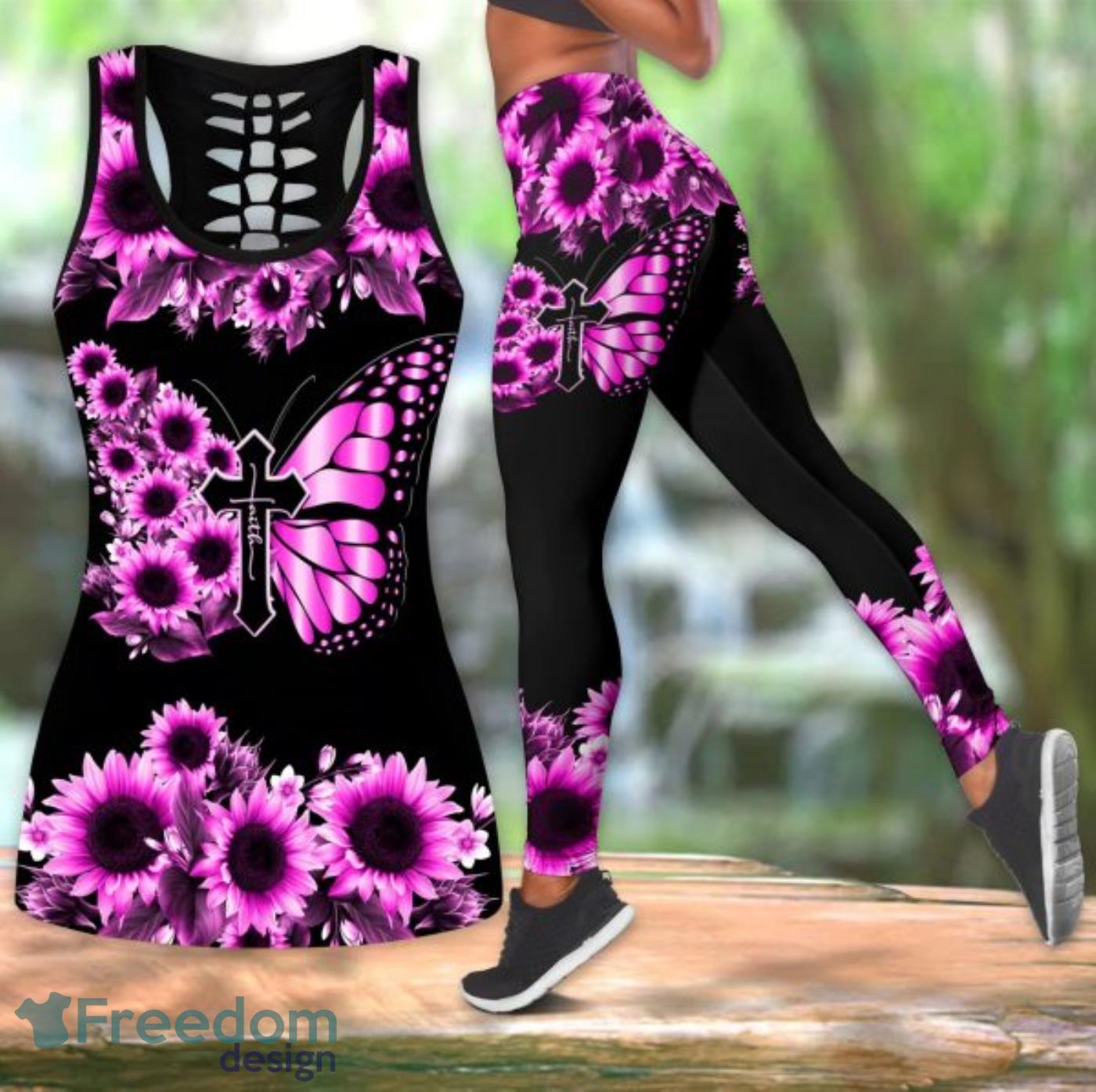 Butterfly Purple Flower Legging And Hollow Tank Top Gift For Women Product Photo 1