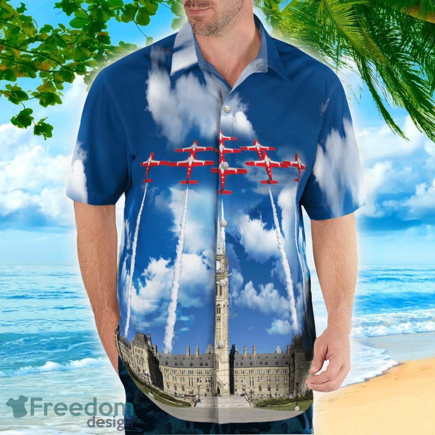 Canadian Forces Snowbirds Flying over Parliament Hill Happy Canada Day Tropical Hawaiian Shirt image Canadian Forces Snowbirds Flying over Parliament Hill Happy Canada Day Tropical Hawaiian Shirt Product Photo 3