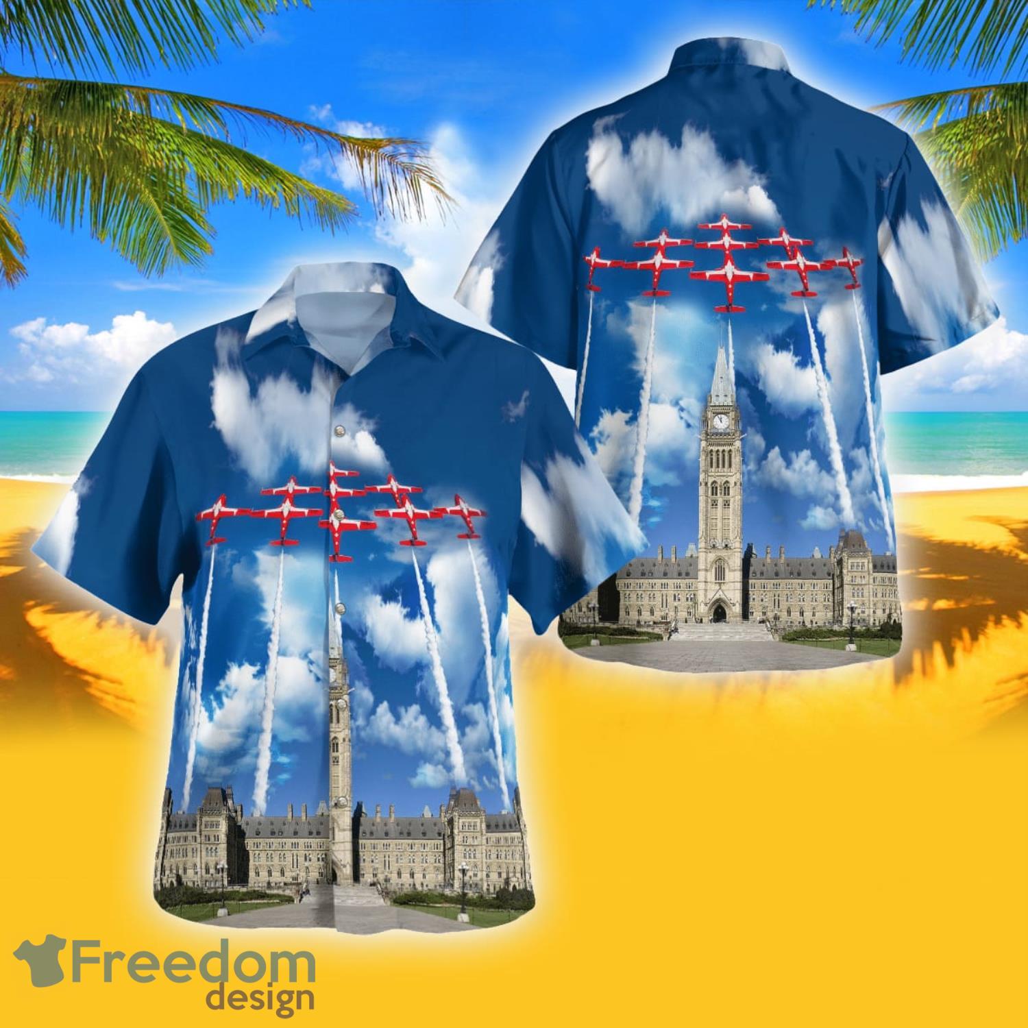 Canadian Forces Snowbirds Flying over Parliament Hill Happy Canada Day Tropical Hawaiian Shirt Product Photo 1 Canadian Forces Snowbirds Flying over Parliament Hill Happy Canada Day Tropical Hawaiian Shirt Product Photo 1