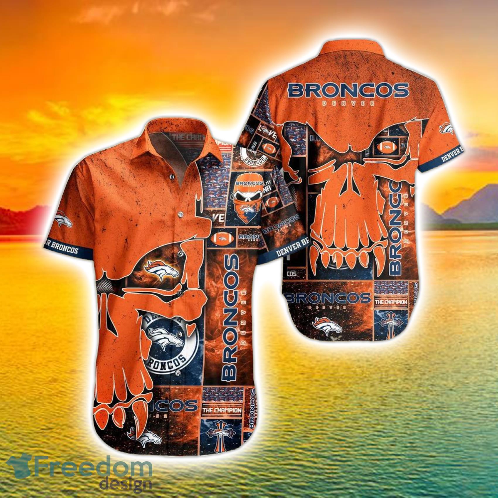 Denver Broncos Nfl Skull Full Print Effect Pattern Backround Short Sleeve  Hawaiian Shirt And Beach Short - Freedomdesign