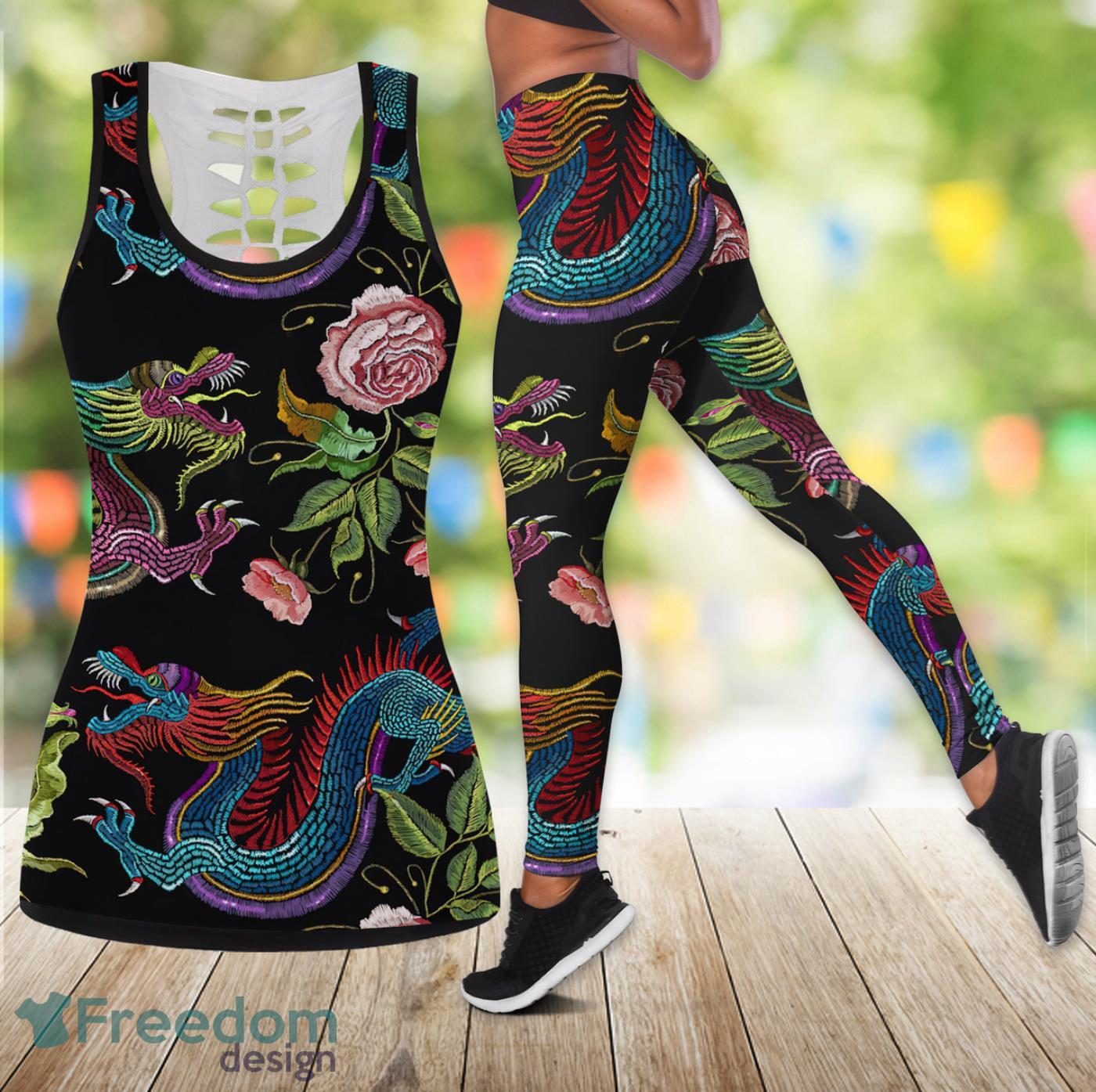 Dragons Flower Pattern Pullover Legging And Hollow Tank Top Gift For Women  - Freedomdesign